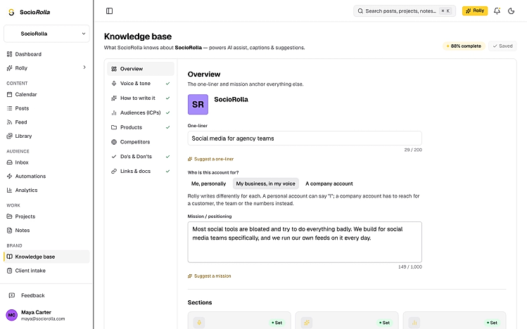 The account type, one-liner and mission at the top of a brand profile.