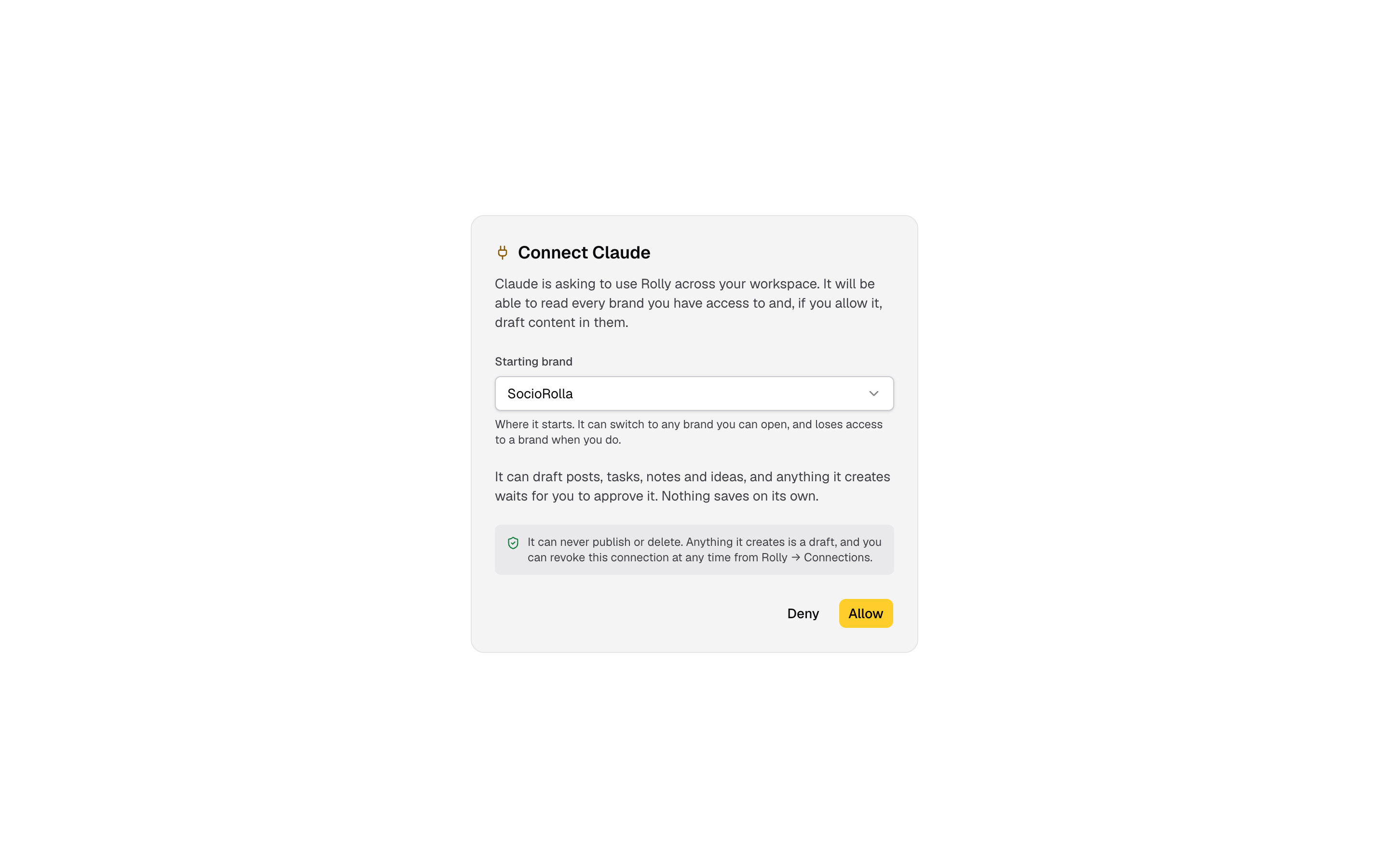 SocioRolla’s consent screen, choosing the brand the assistant starts in.