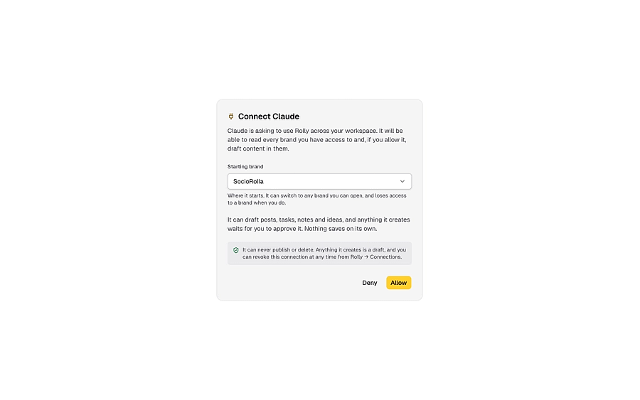 SocioRolla’s consent screen, choosing the brand the assistant starts in.