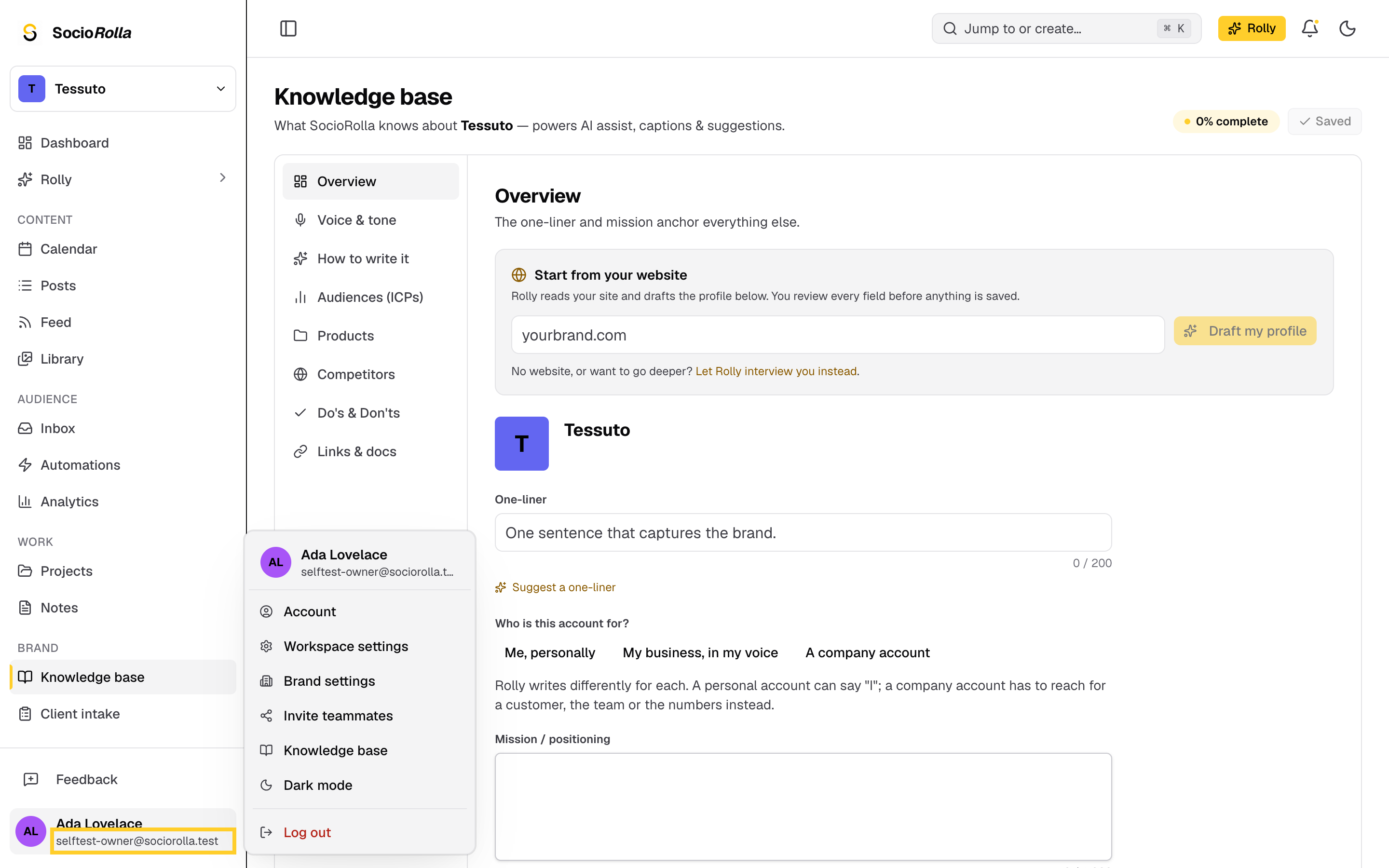 Step 9: Your menu holds your account, workspace settings and brand settings.