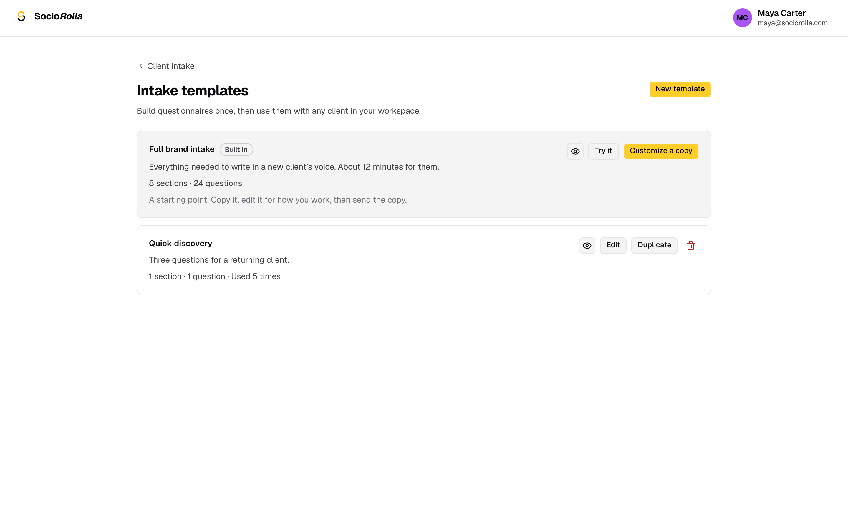The questionnaire builder, with sections and question types.