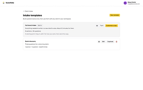The questionnaire builder, with sections and question types.