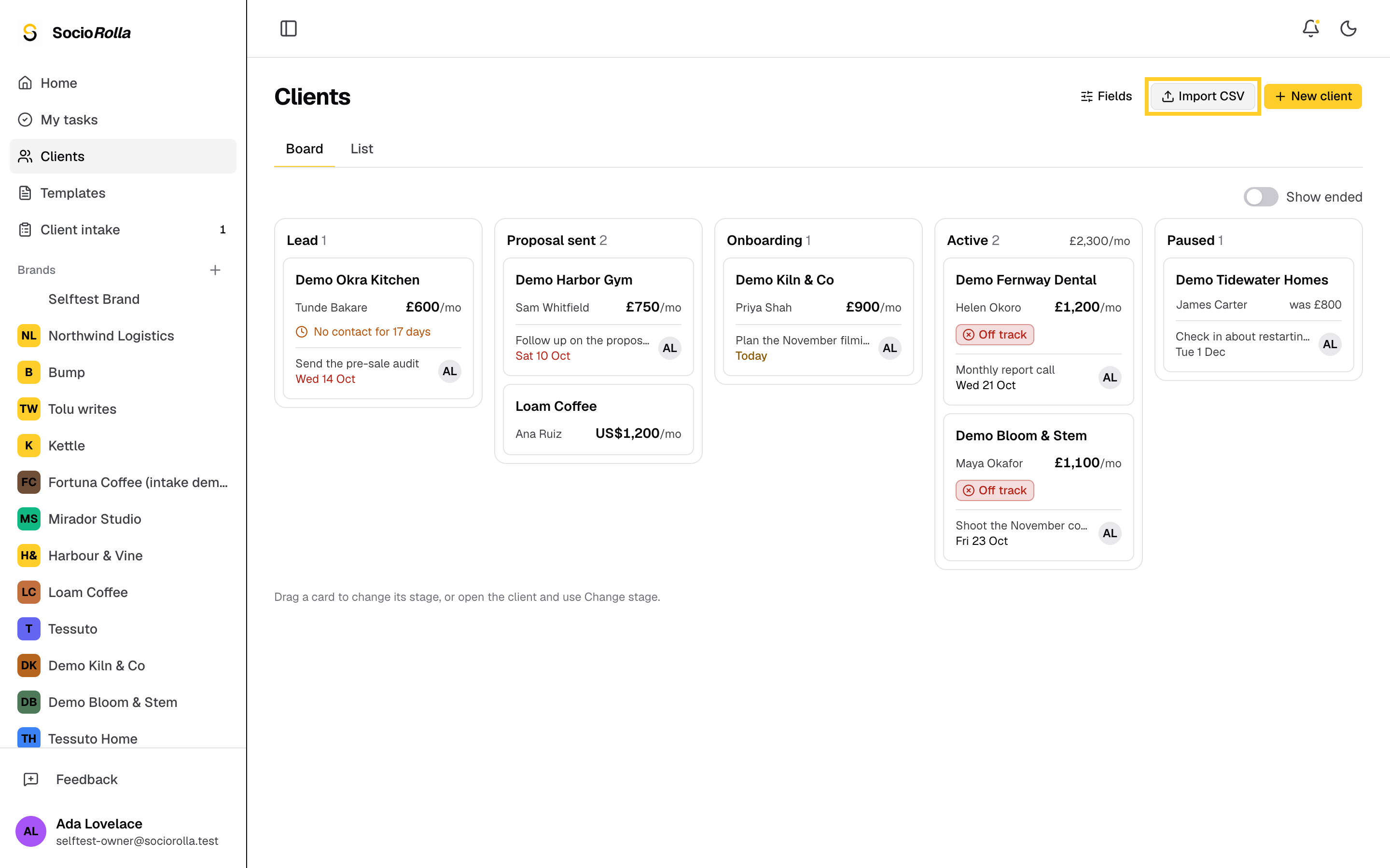 Step 12: Click Import CSV. The dialog has a template with every column it reads.