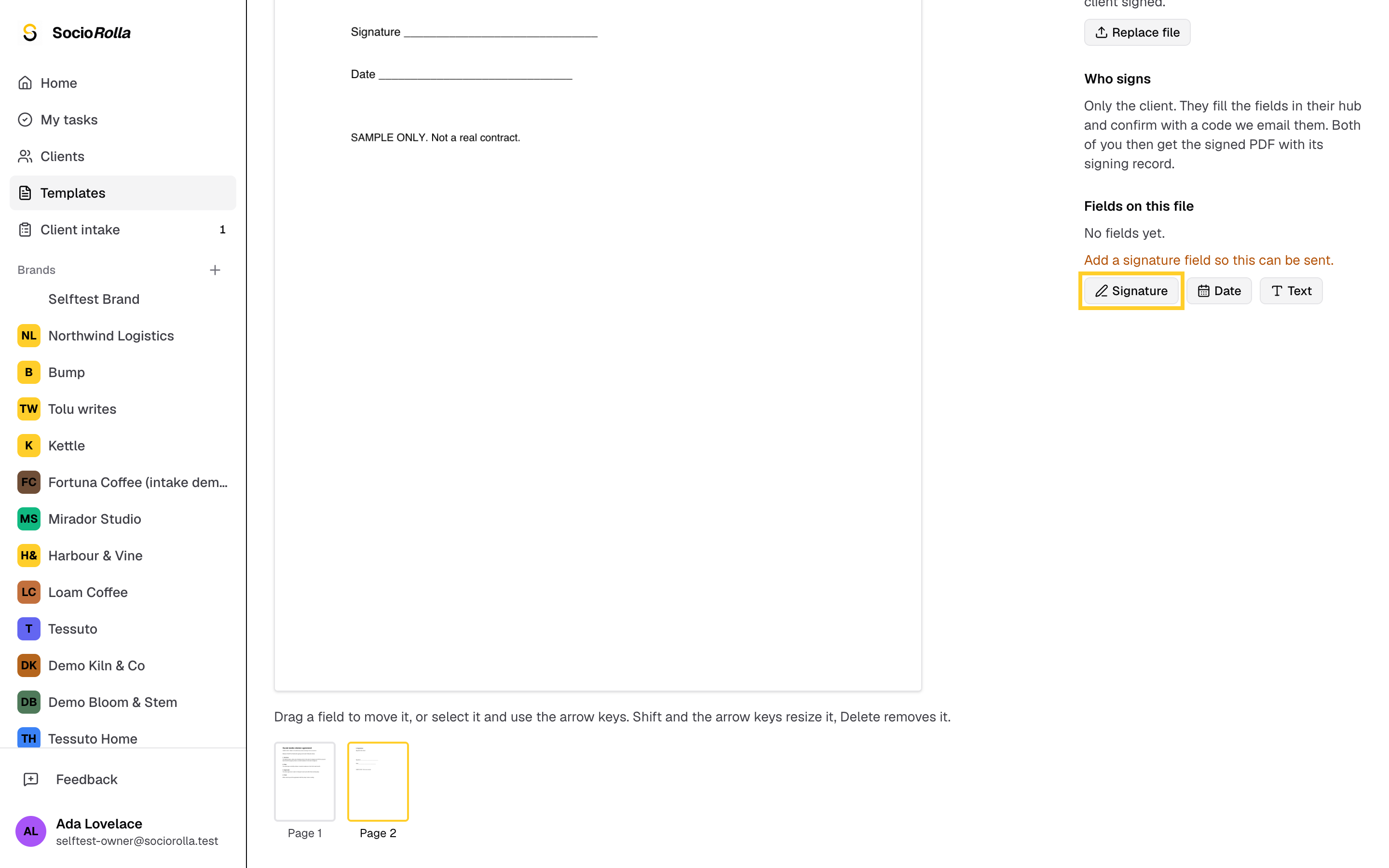 Step 4: Click Signature, then click the spot on the page where the client signs.