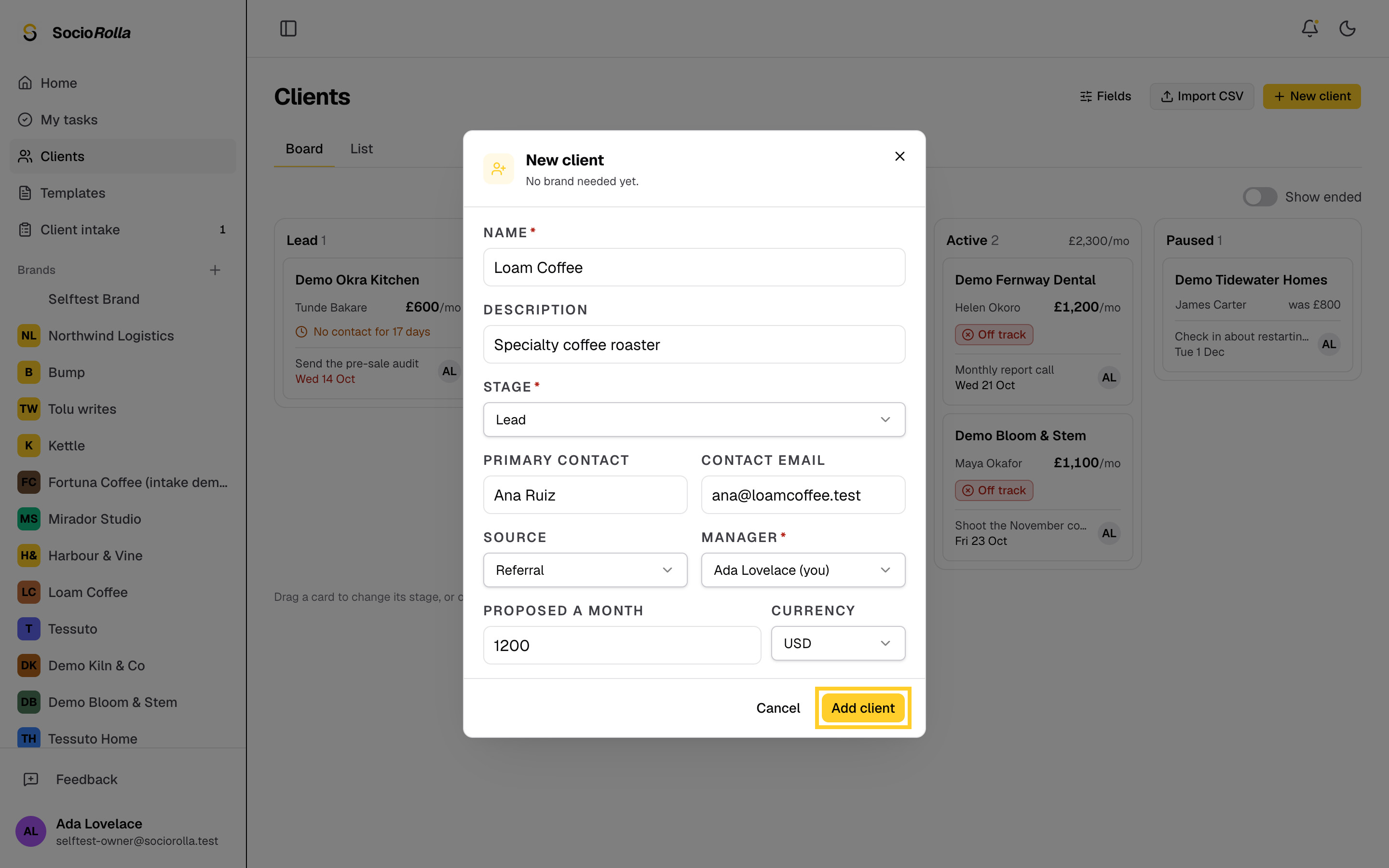 Step 8: Click Add client, and the client's record opens.