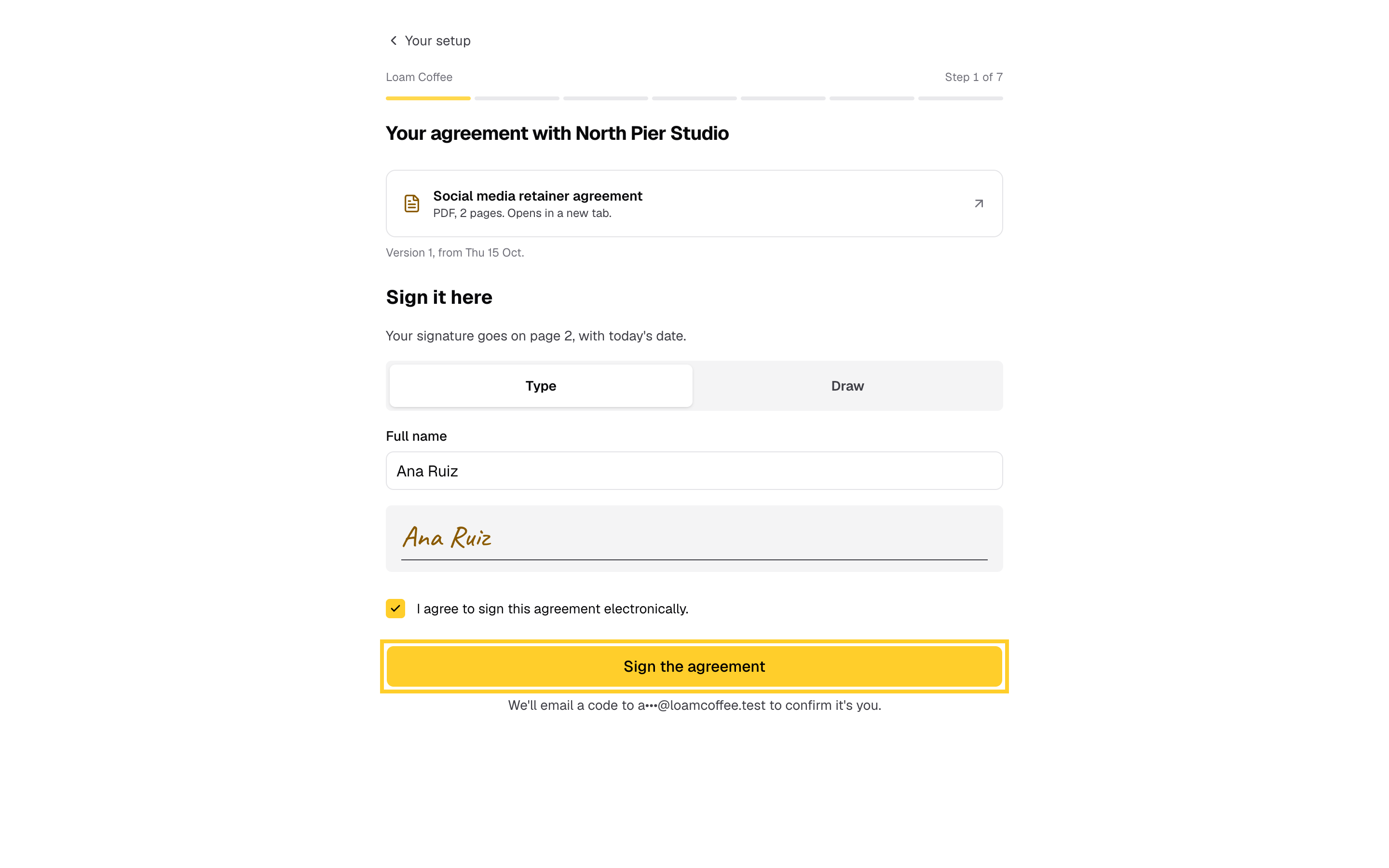 Step 5: Sign the agreement emails them a 6-digit code.