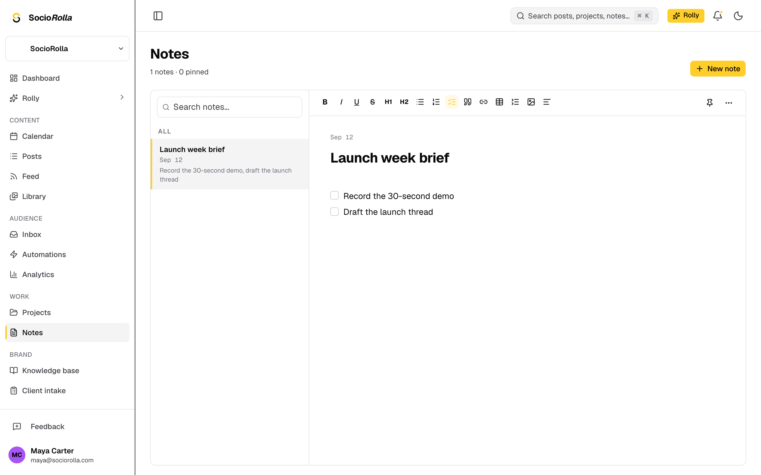 A launch brief in SocioRolla’s notes.