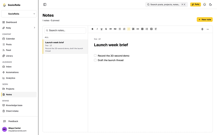 A launch brief in SocioRolla’s notes.