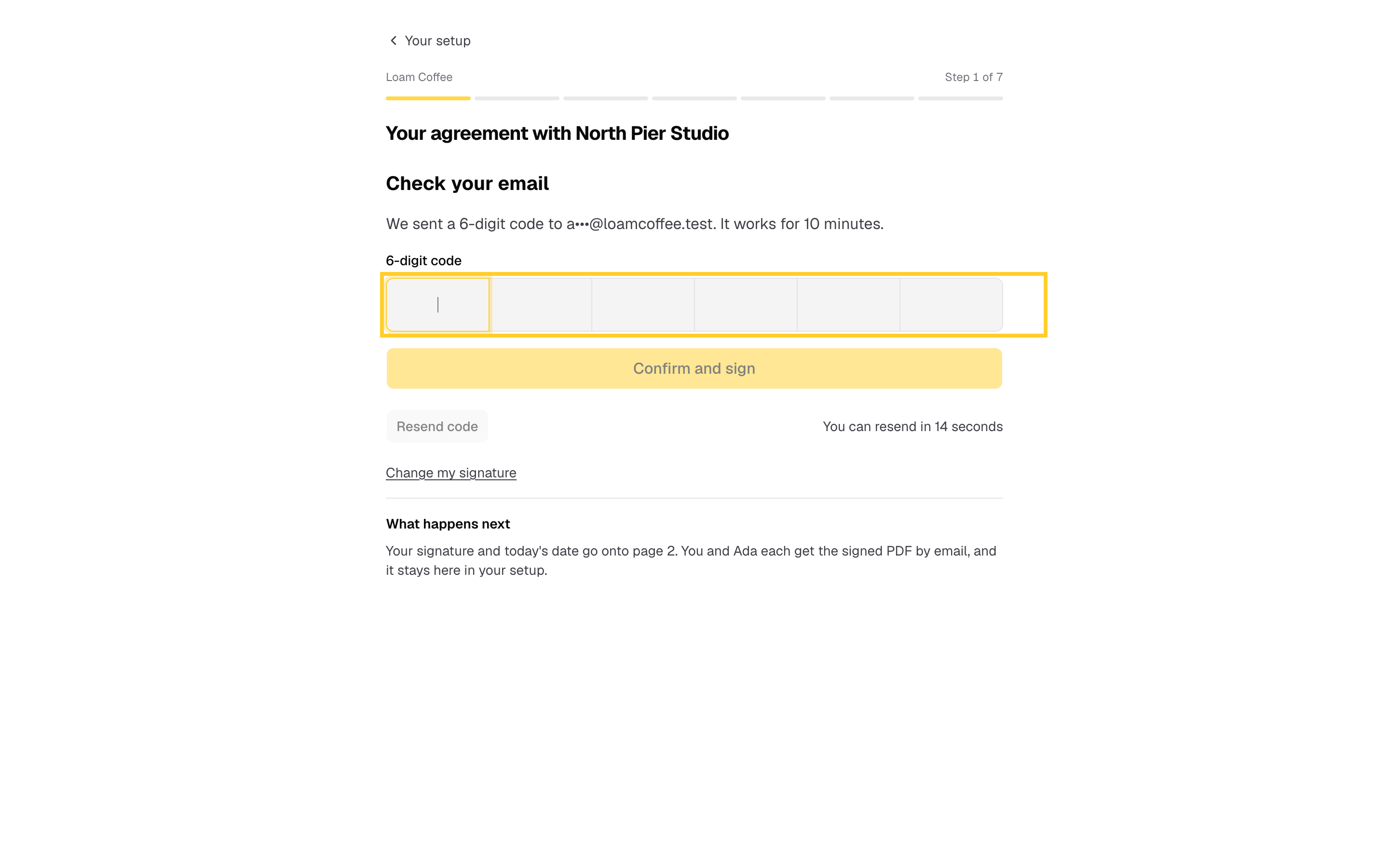 Step 6: They enter the code from the email, and the agreement is signed.