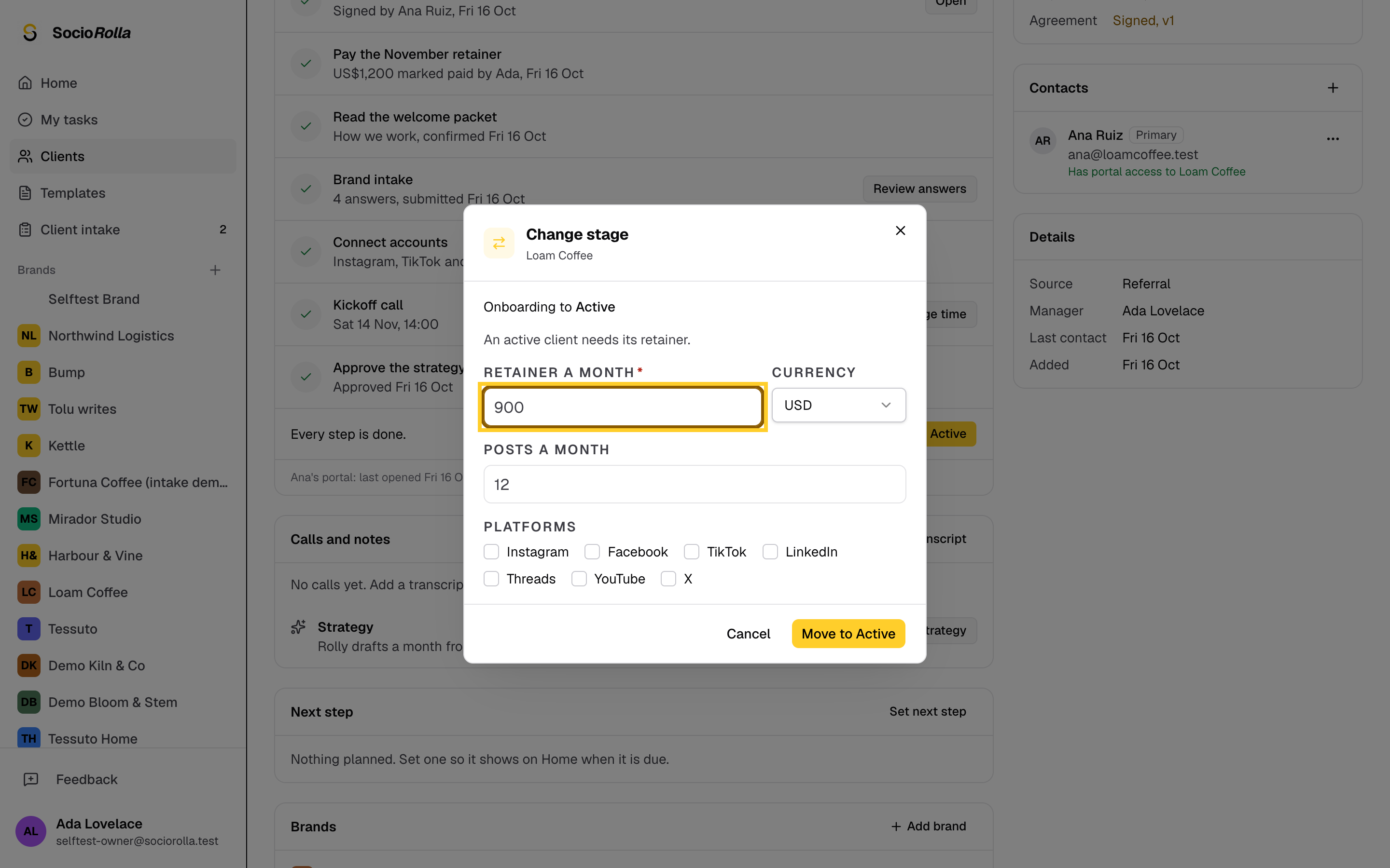 Step 7: Enter the retainer, posts a month and platforms, then move the client.