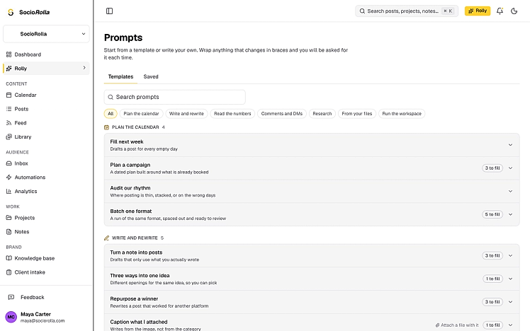 Content planning prompts in the Rolly AI prompt library