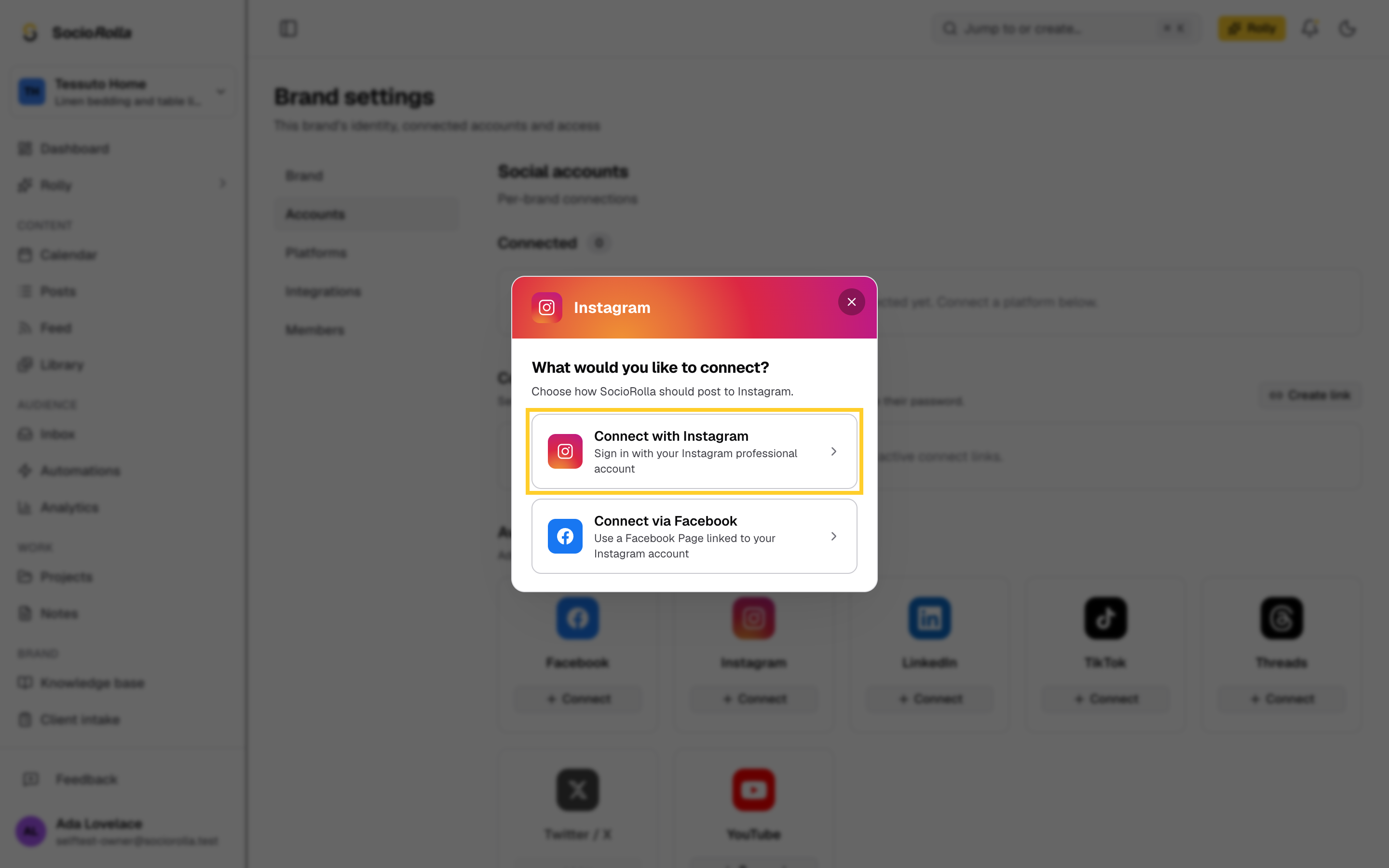 Step 5: Choose how to connect Instagram: directly, or through a Facebook Page.