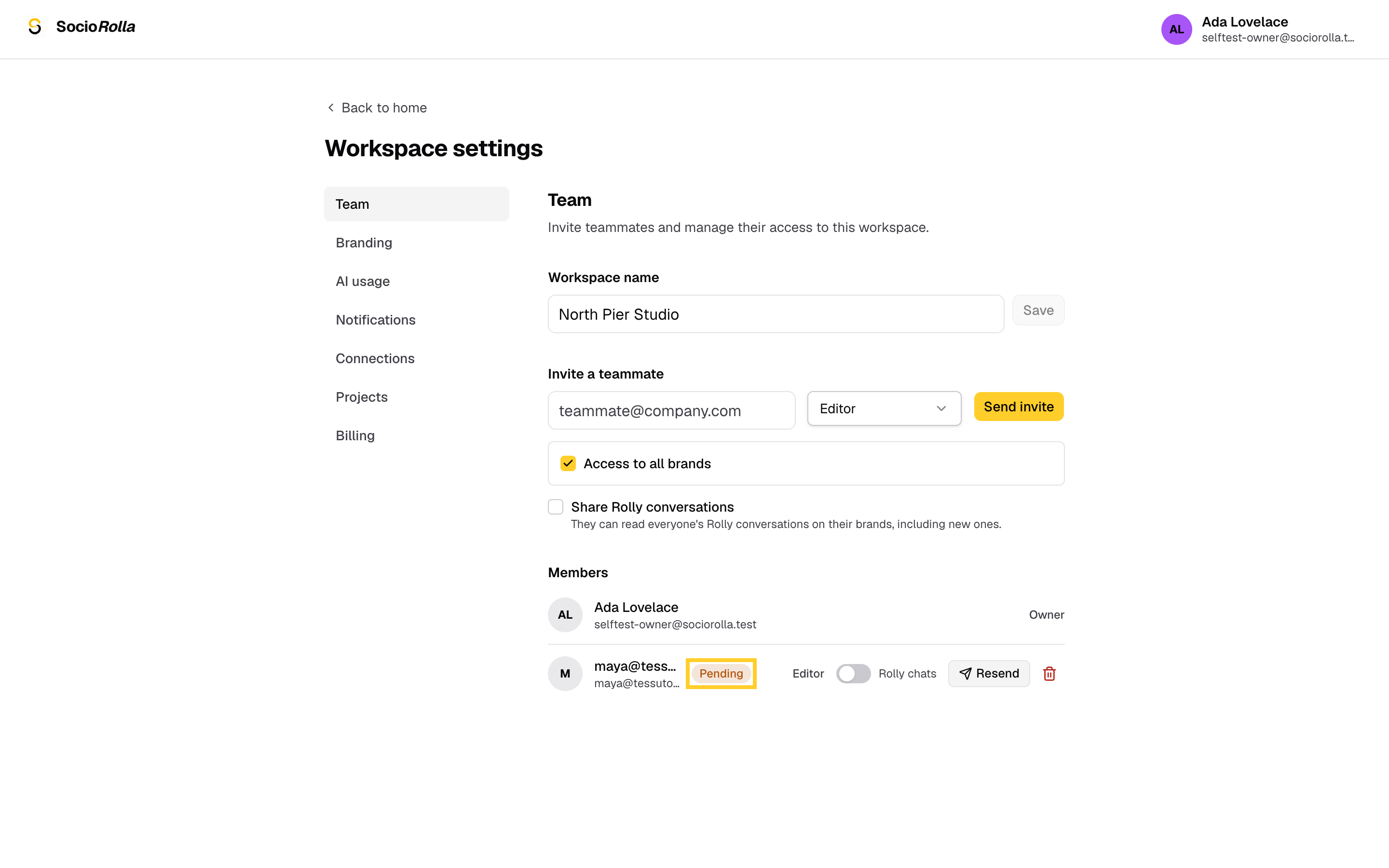 Step 8: Until they accept, the invite shows as Pending in the Members list.