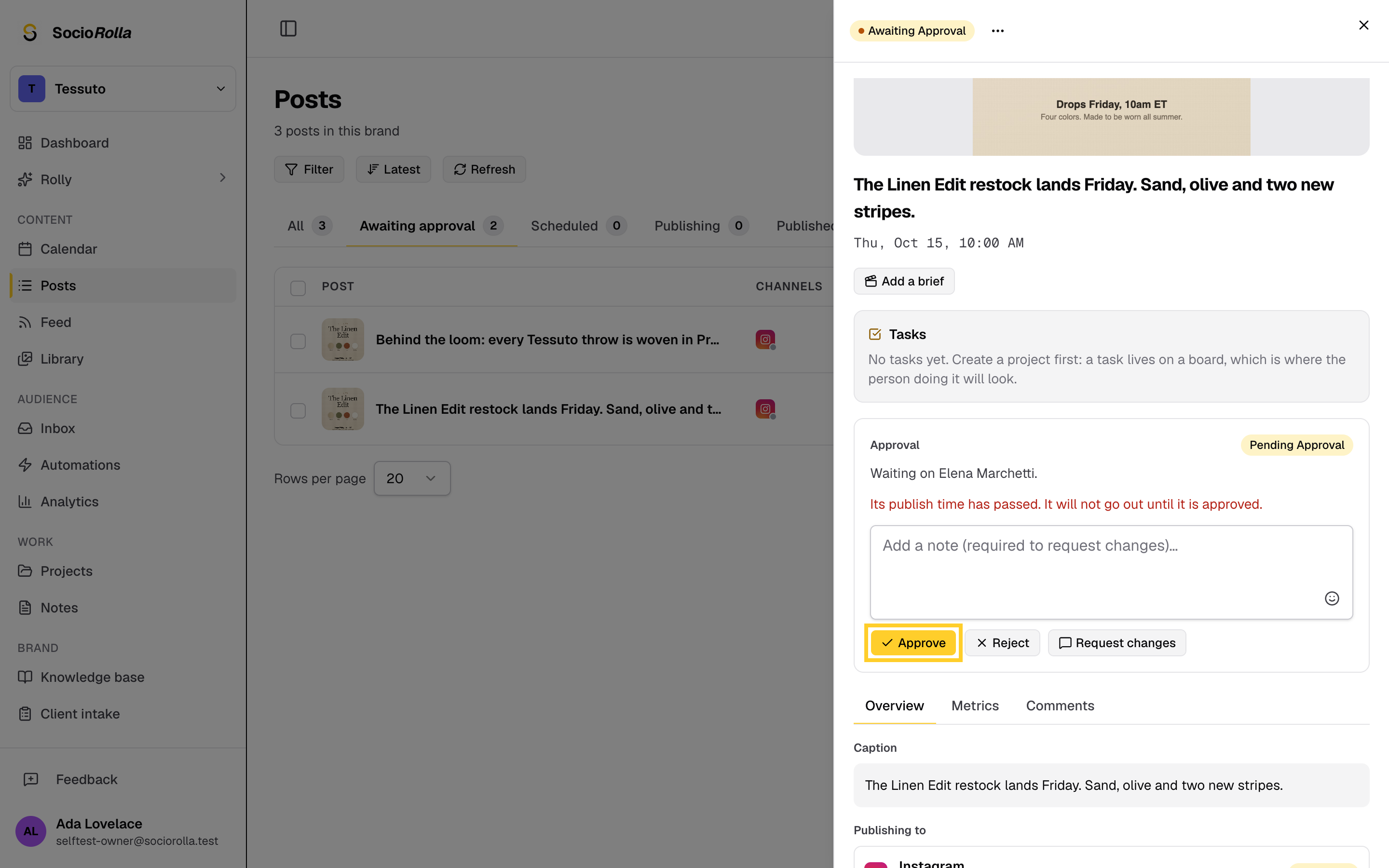 Step 5: Approving late asks whether to publish now or pick a new time.