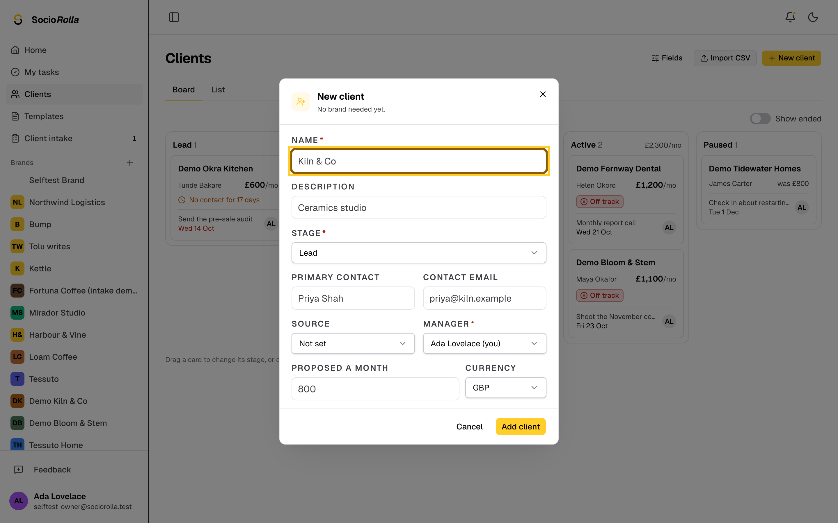 Step 3: Give the client a name and a line on what they do.