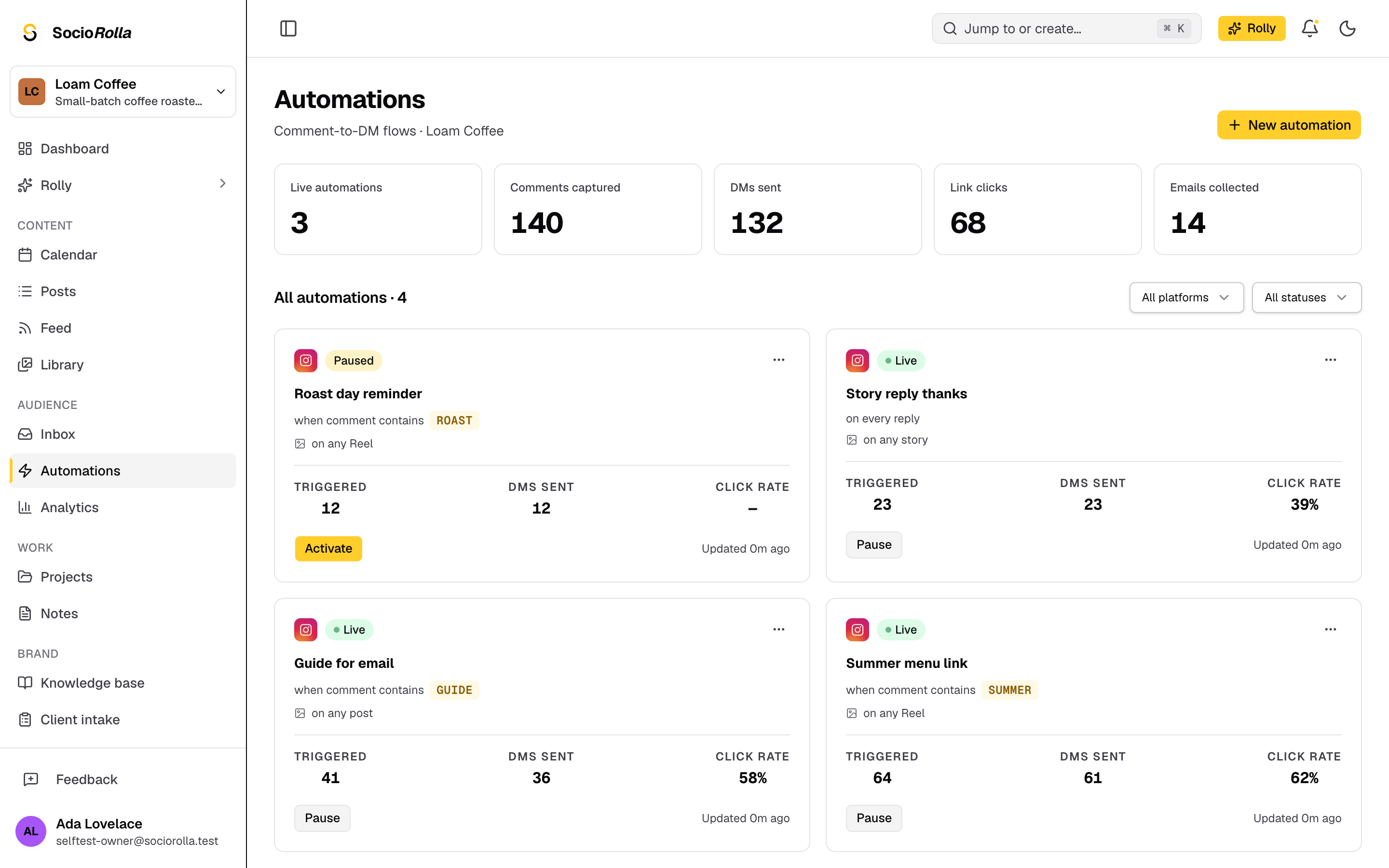 Step 1: Automations lists every flow, its status and what it has done so far.