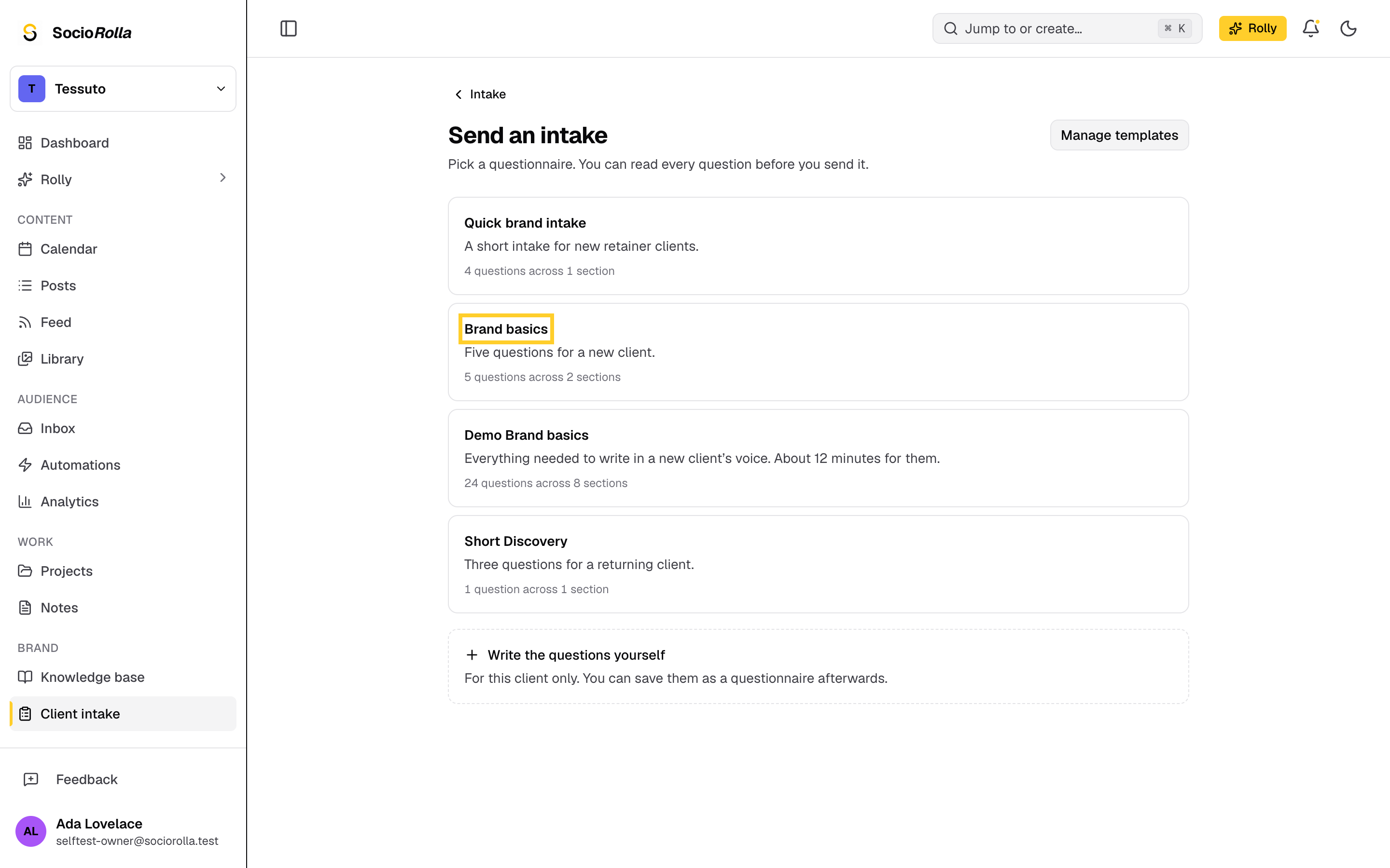 Step 2: Pick a questionnaire, or write the questions for this client.