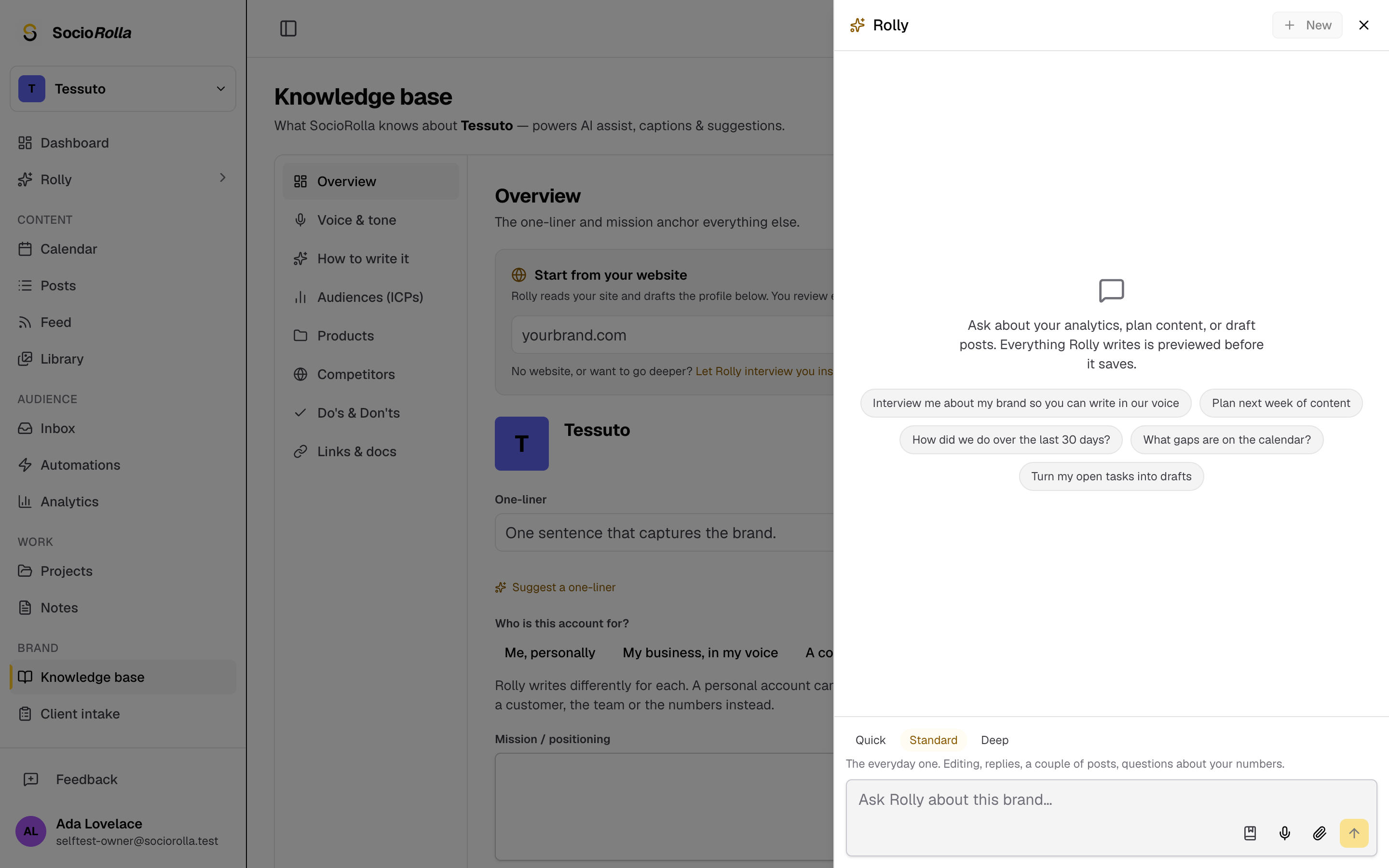 Step 7: Rolly, the AI assistant, drafts posts and answers questions about the brand.