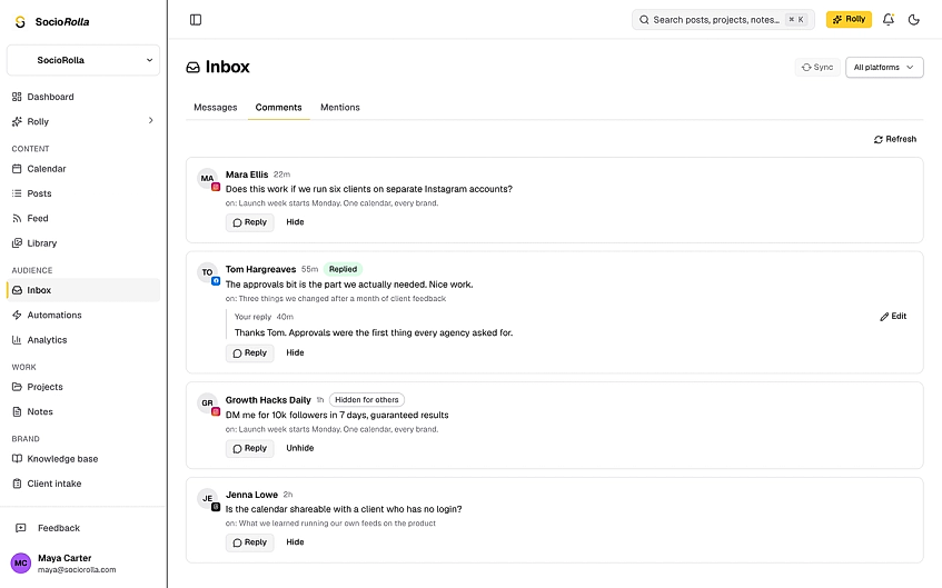 The comment queue, each row carrying the caption of the post it landed under.