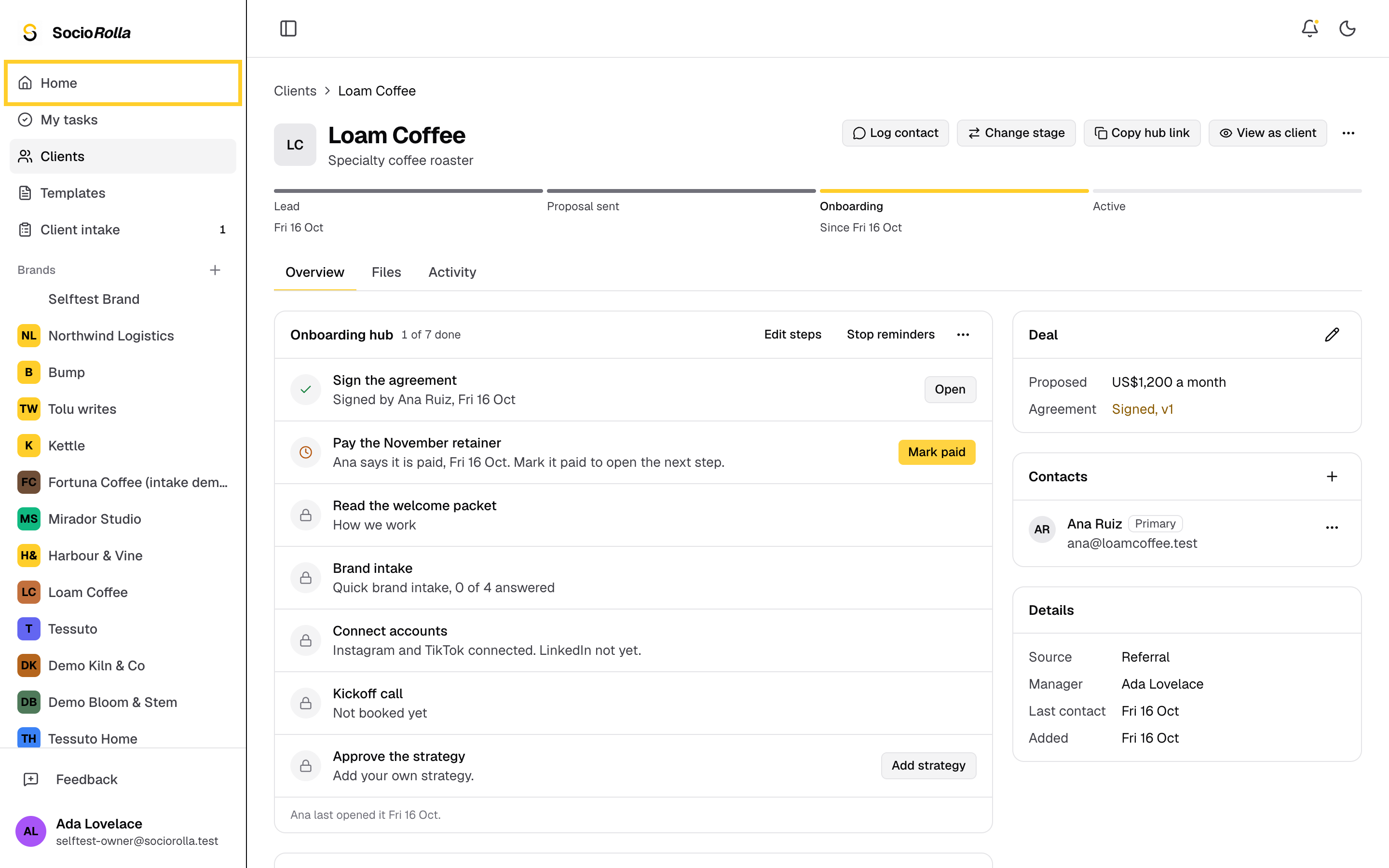 Step 3: Home lists every onboarding step that waits on you, across all clients.