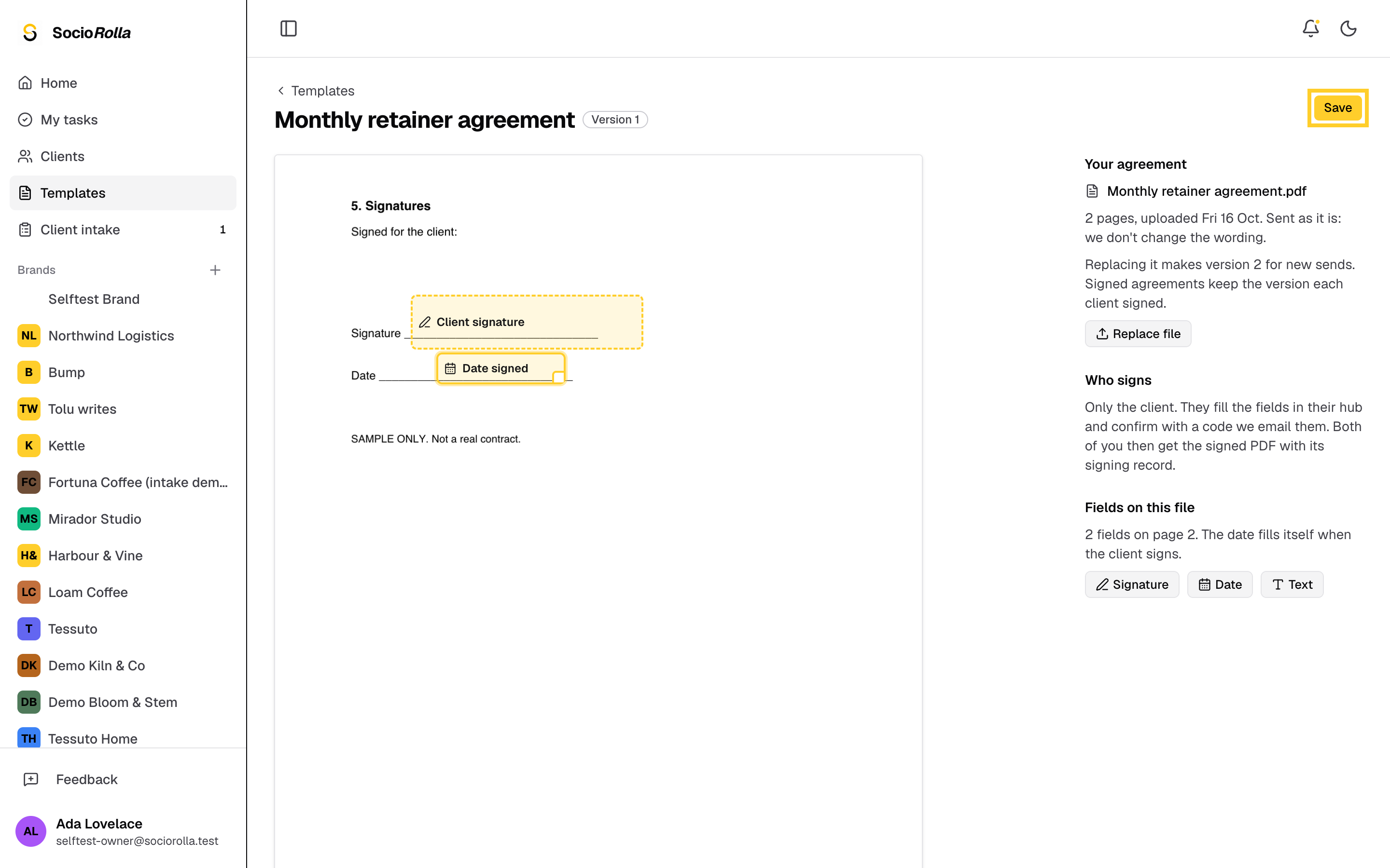 Step 6: Click Save. The agreement is ready to send.