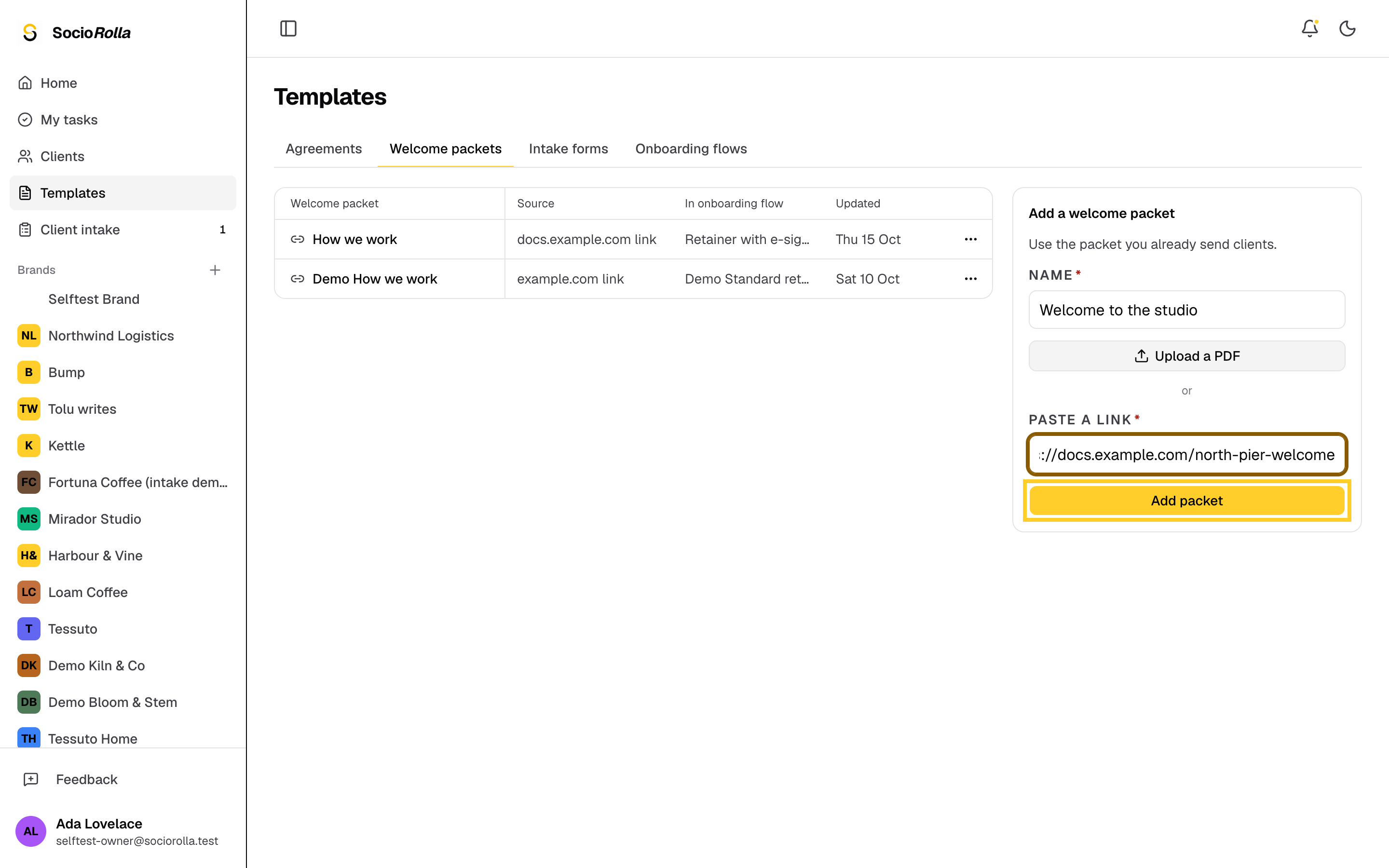 Step 9: Click Add packet. The table shows which onboarding flows use each one.