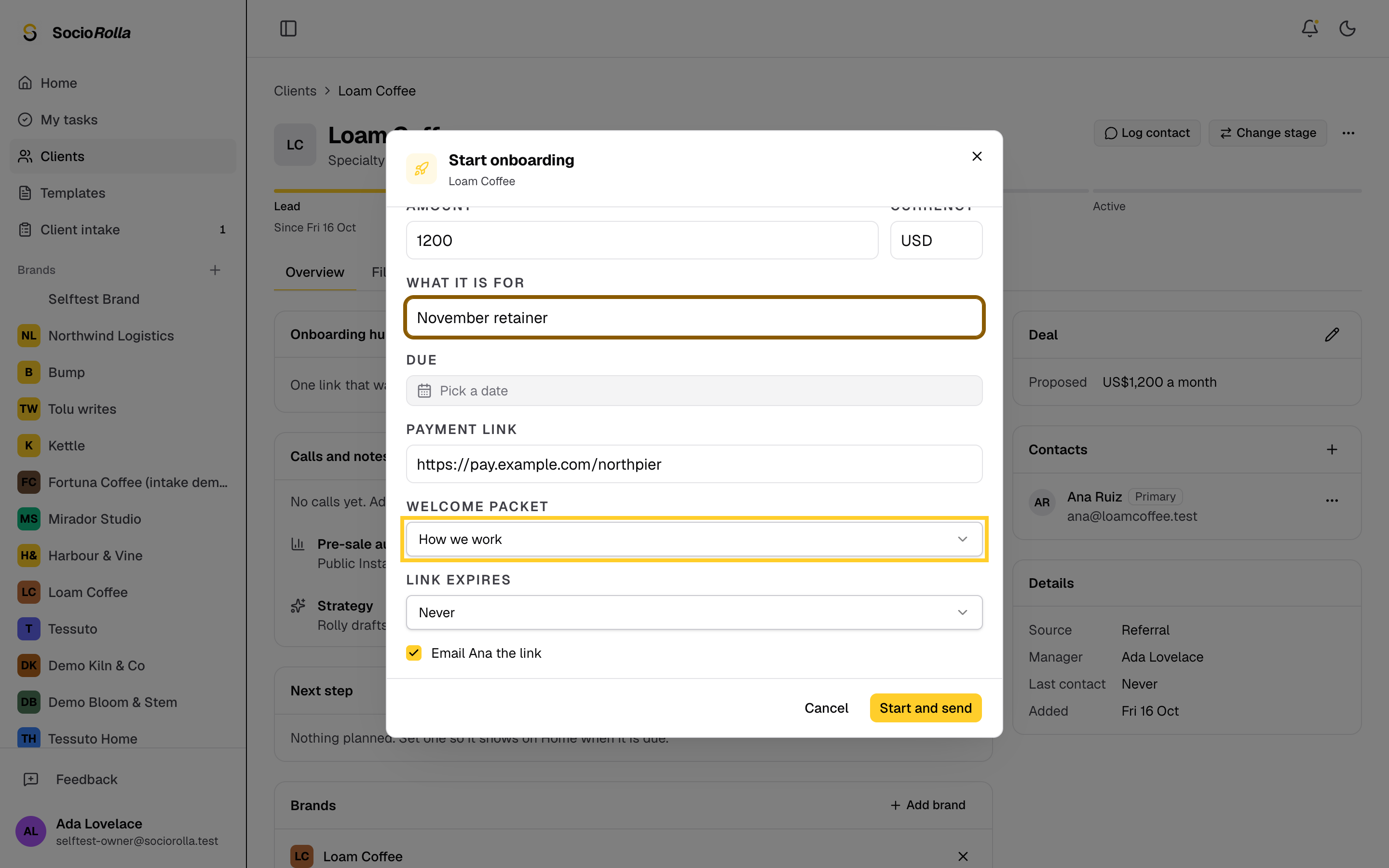 Step 7: Choose the welcome packet, then how long the link works.
