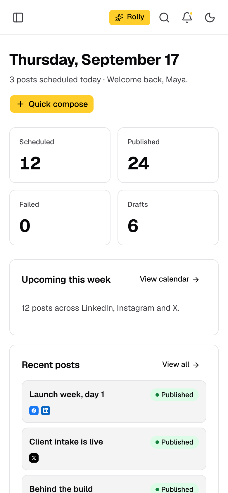 SocioRolla social media management dashboard on a phone, with scheduled and published posts