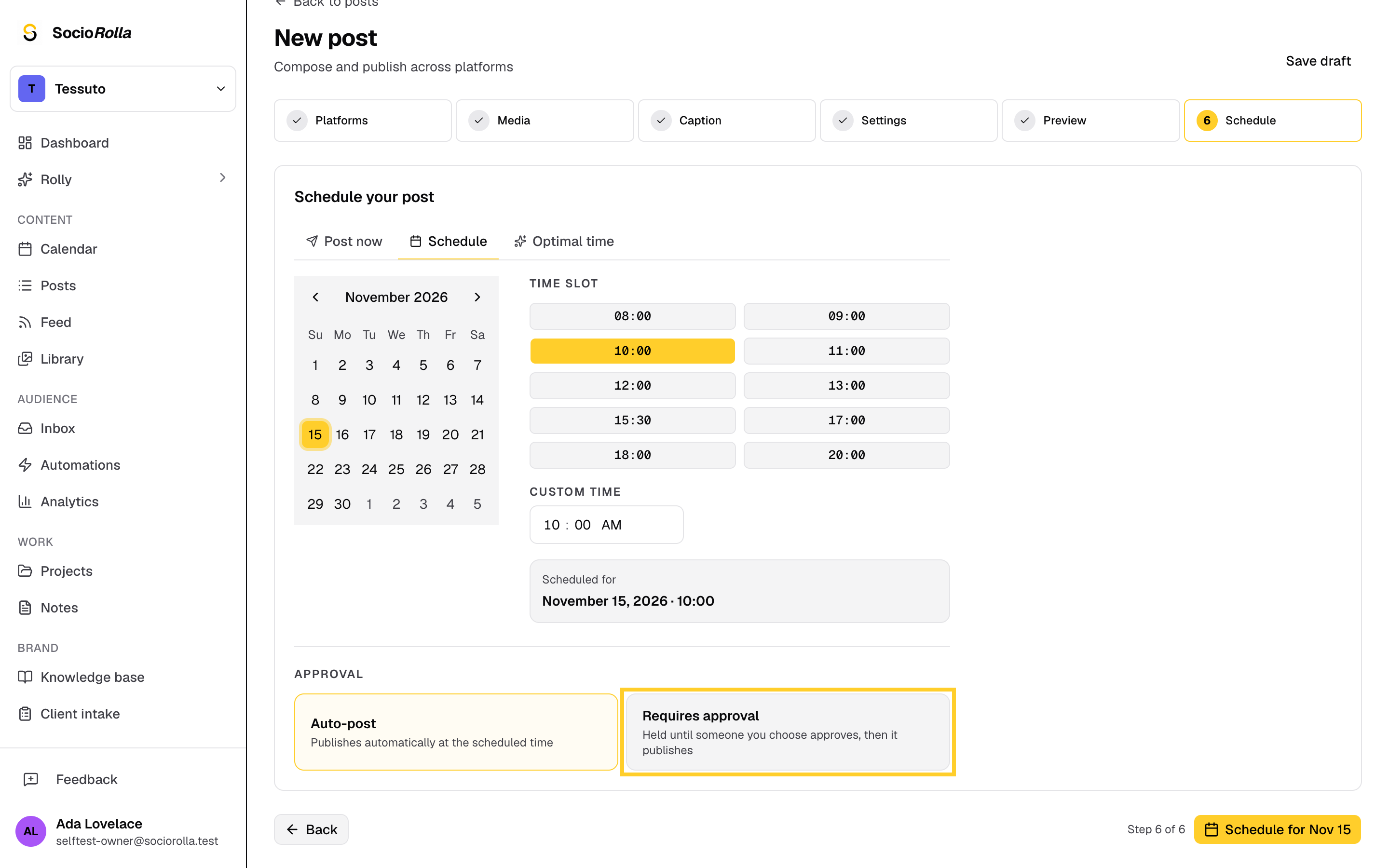 Step 8: Under Approval, switch from auto-post to Requires approval.