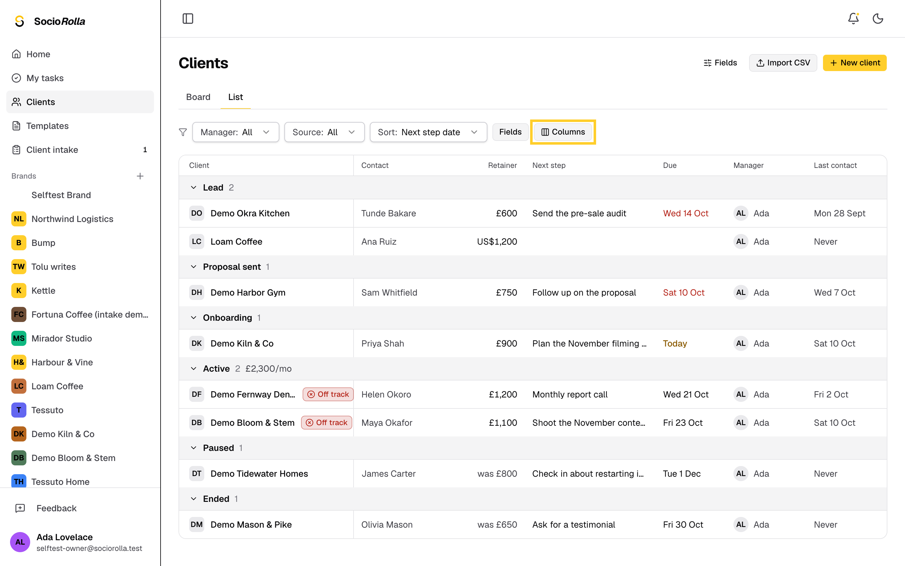 Step 10: In the client list, Columns adds your fields to the table.