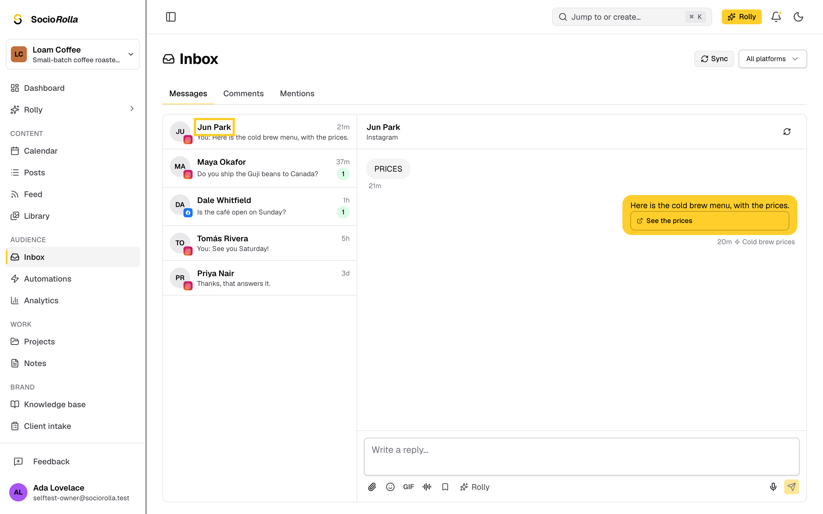 Step 9: The DM lands in the Inbox with the automation's name on it.
