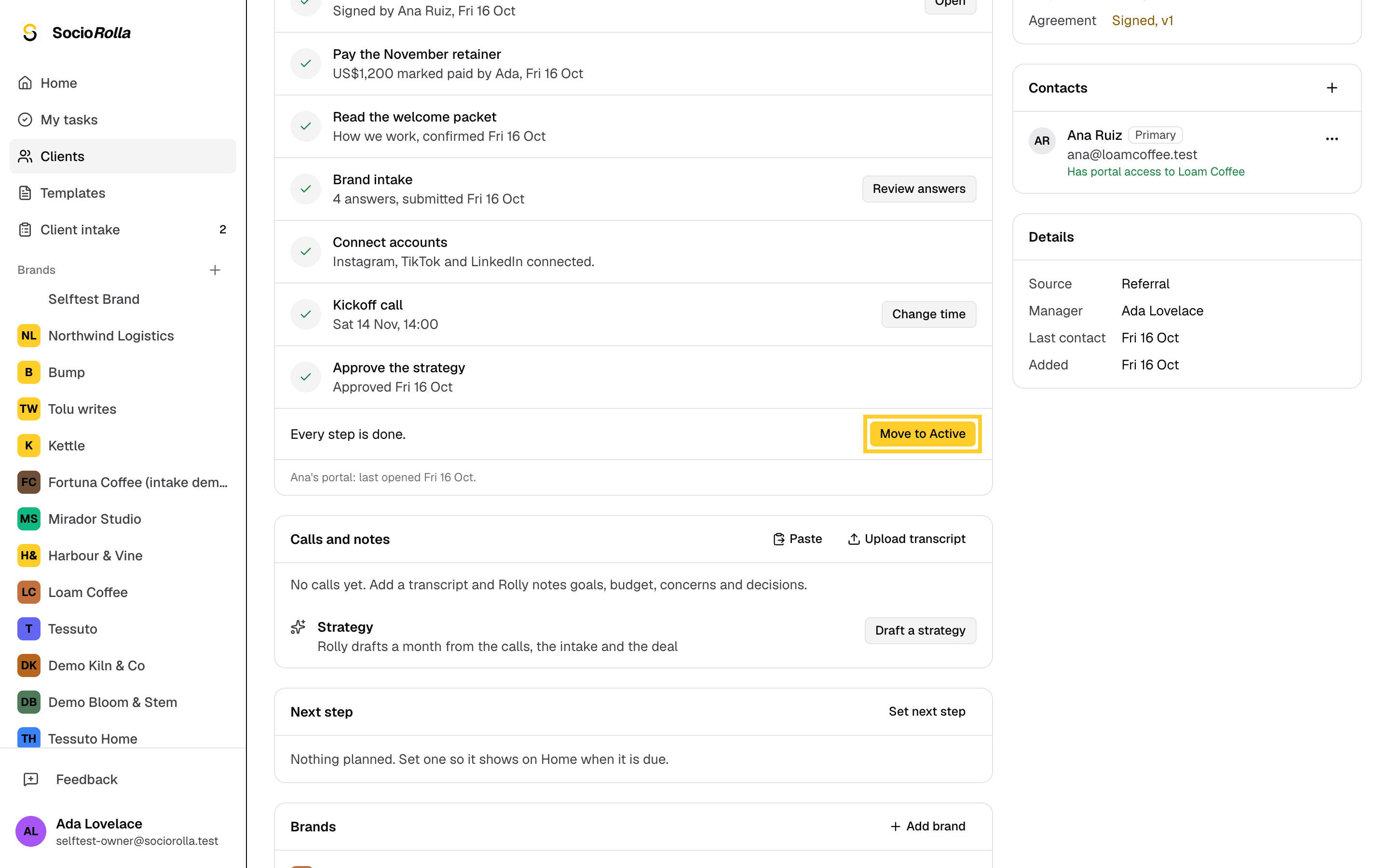 Step 6: Click Move to Active and fill in the retainer you agreed.