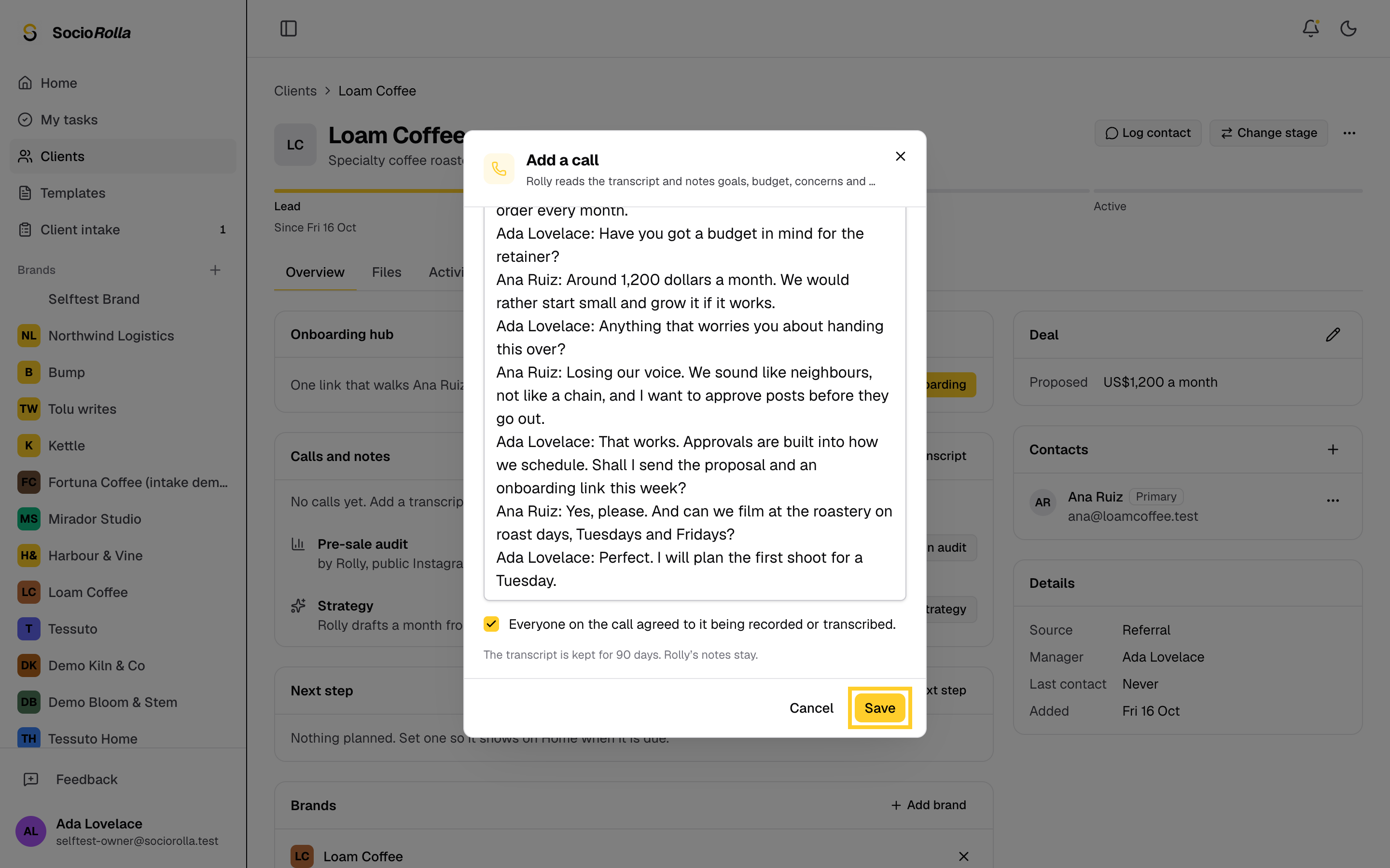 Step 11: Click Save, and Rolly reads the transcript.