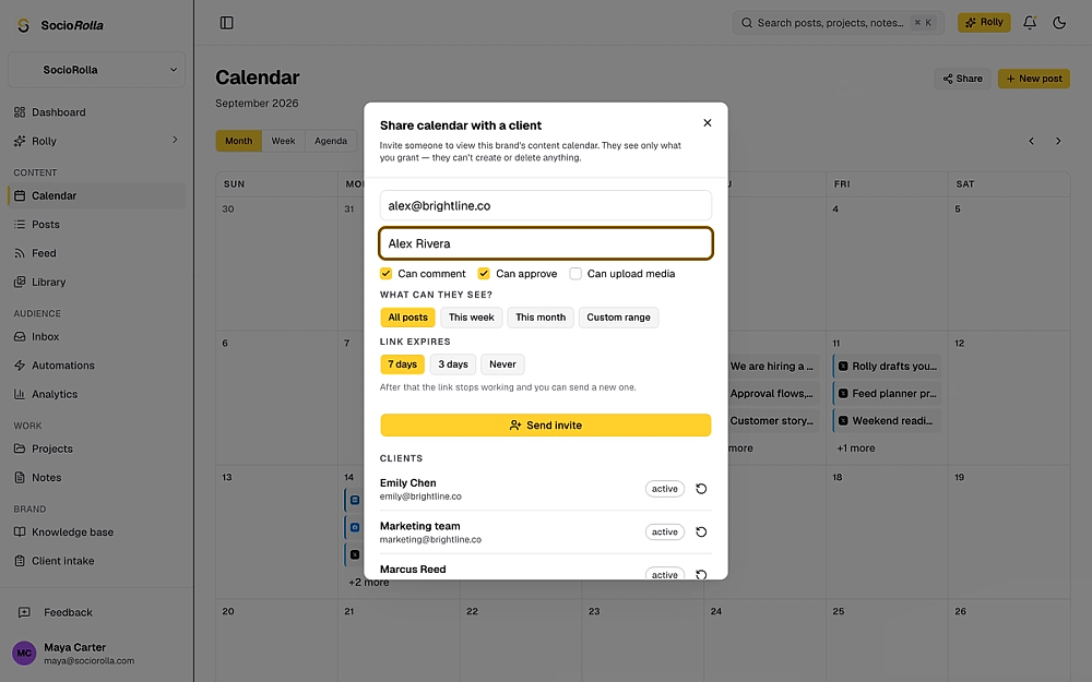 Sharing a social media content calendar with a client for review and approval