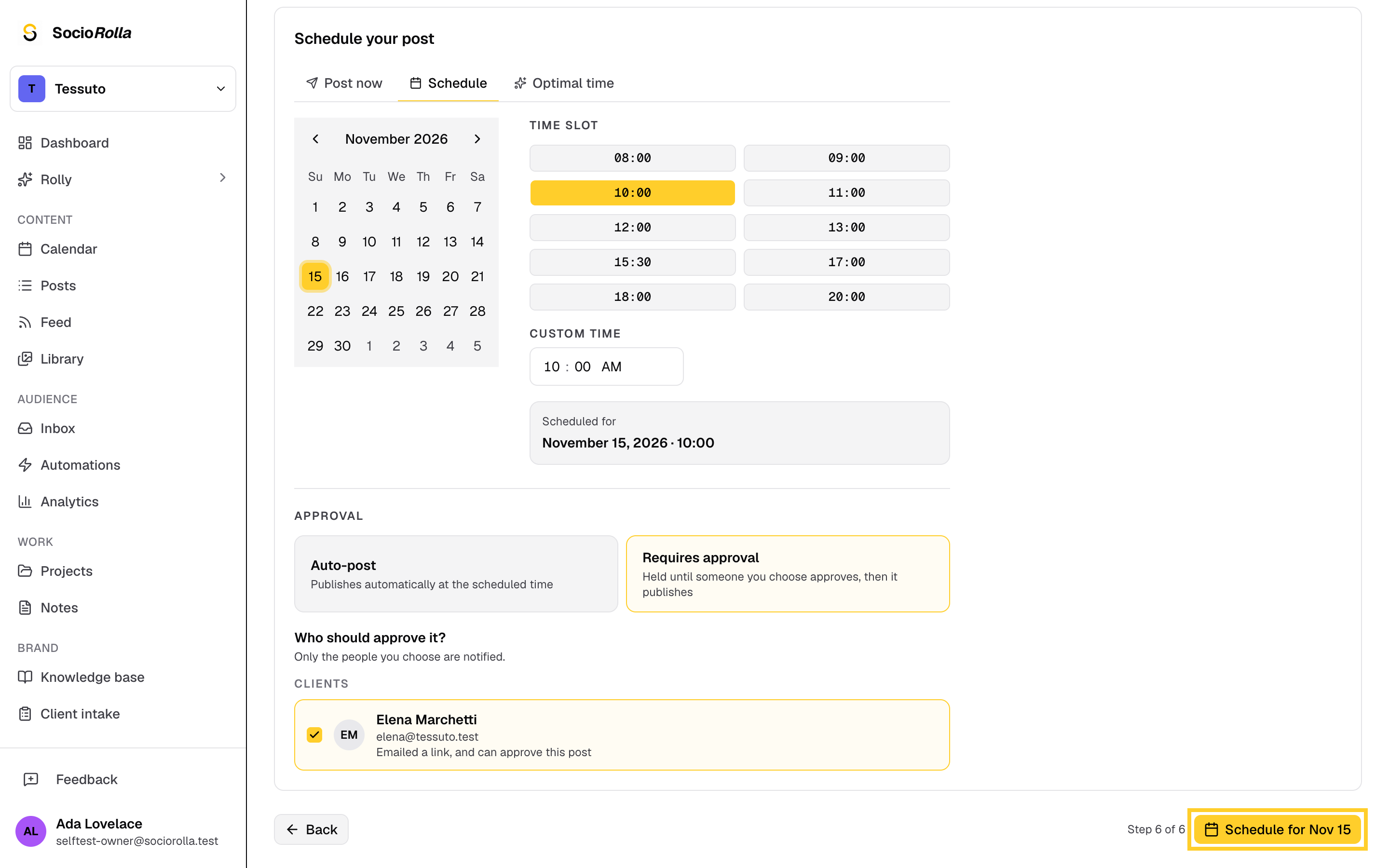 Step 10: Schedule it, and your client gets an email with a link to the post.