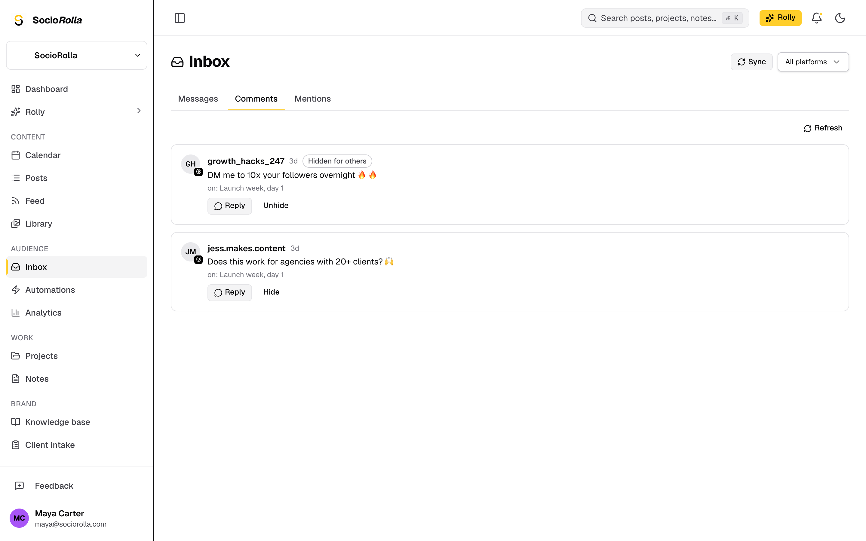 Unified social media inbox showing Instagram comments with reply and hide actions