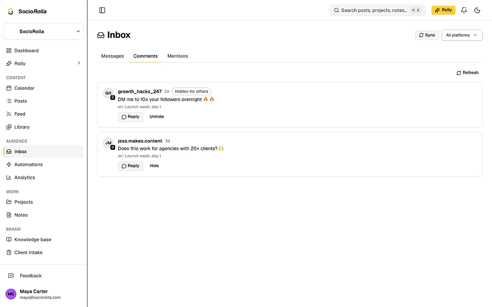 Unified social media inbox showing Instagram comments with reply and hide actions