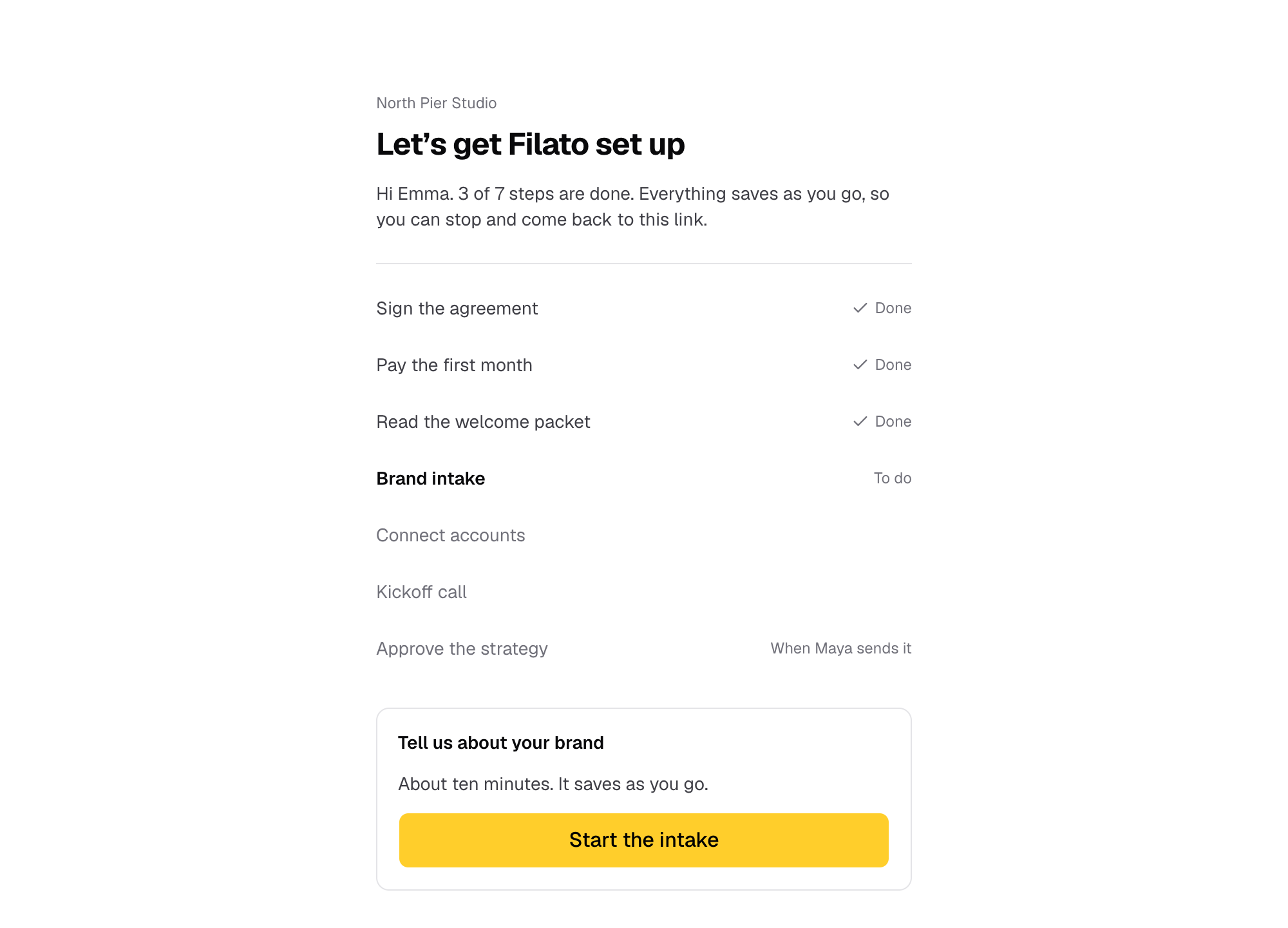 A client’s onboarding hub, three steps in