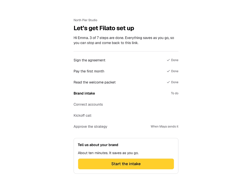 A client’s onboarding hub, three steps in