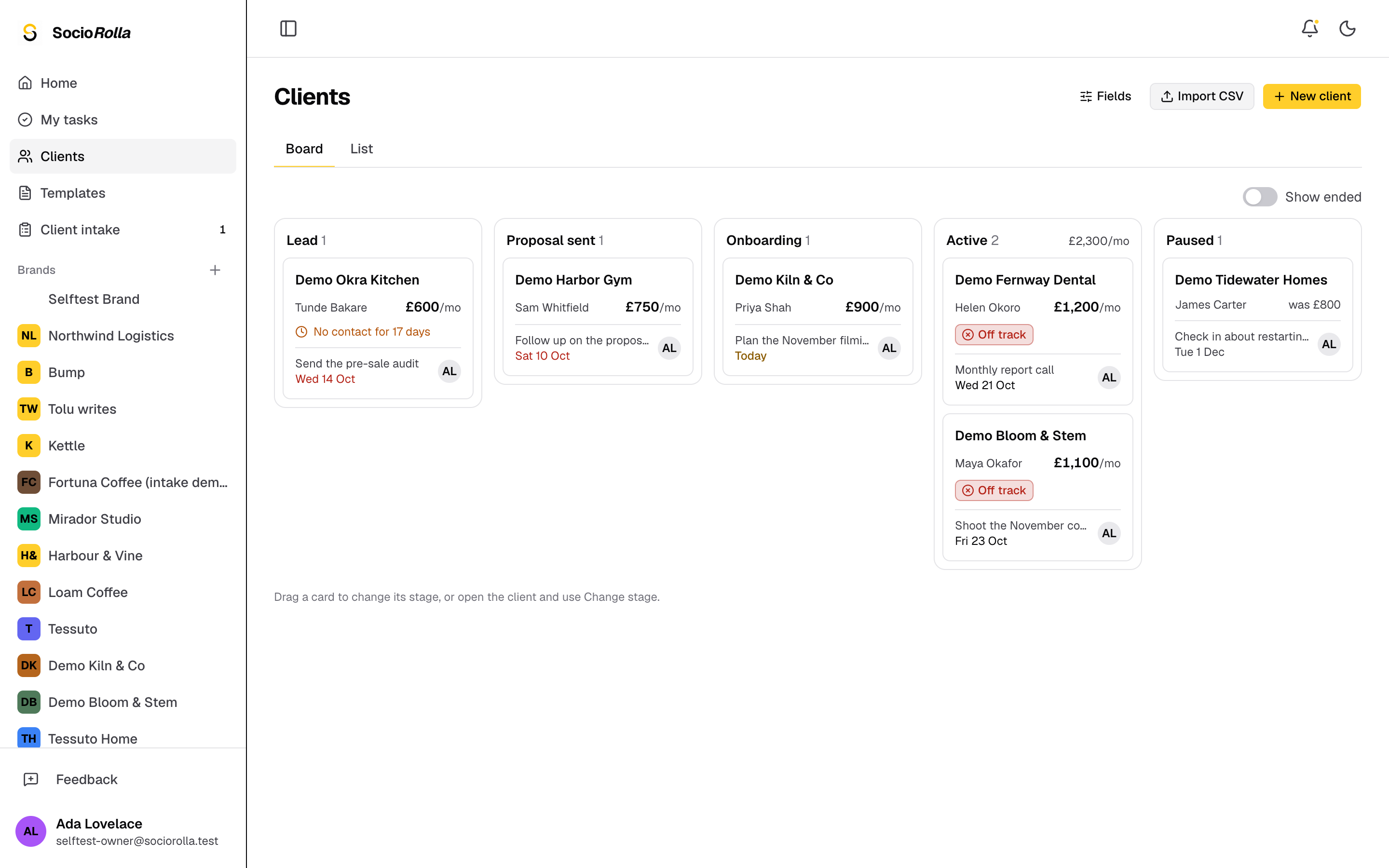 Step 1: Clients sits in the sidebar, above your brands.