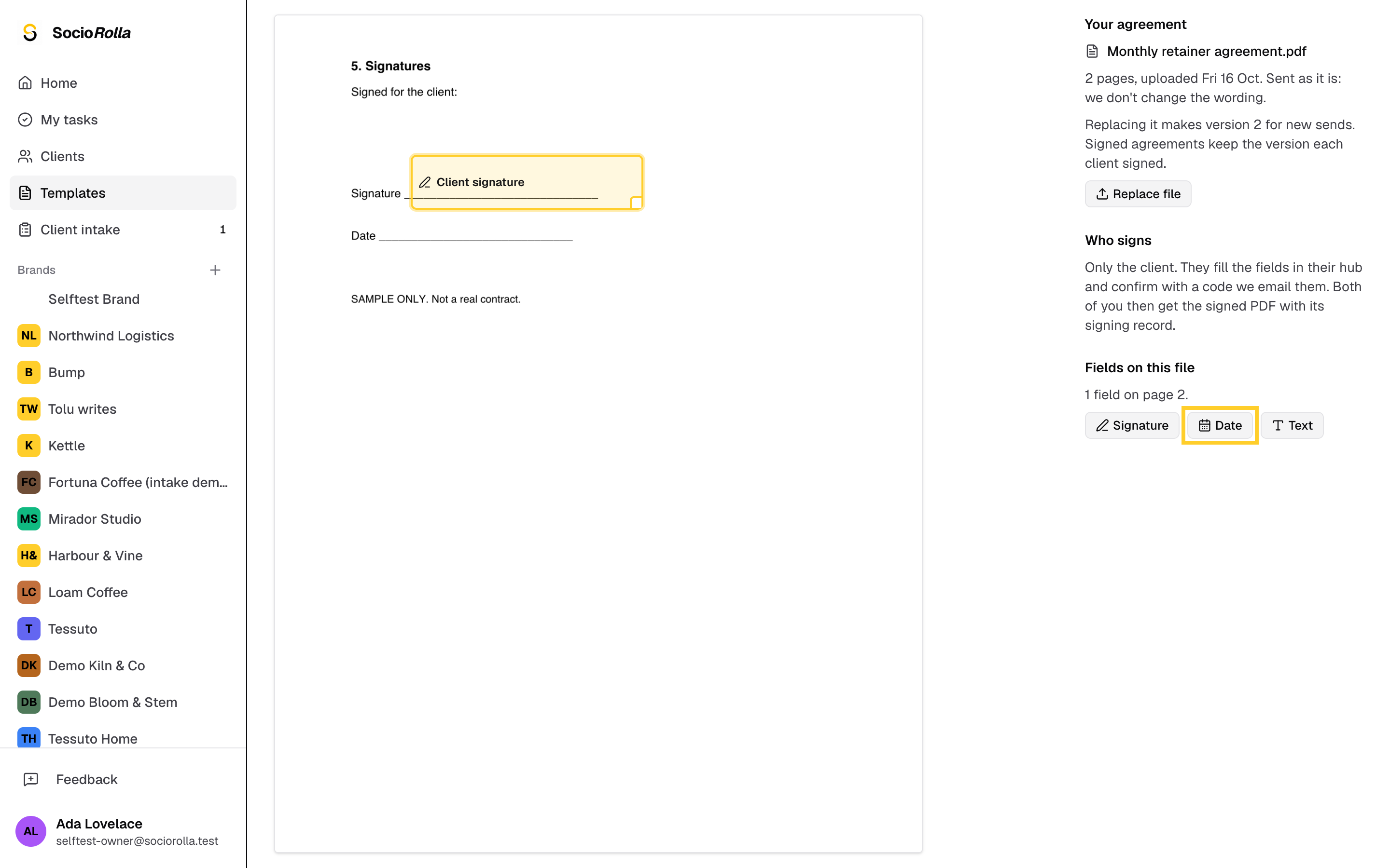 Step 5: Add a Date field the same way. It fills in when the client signs.