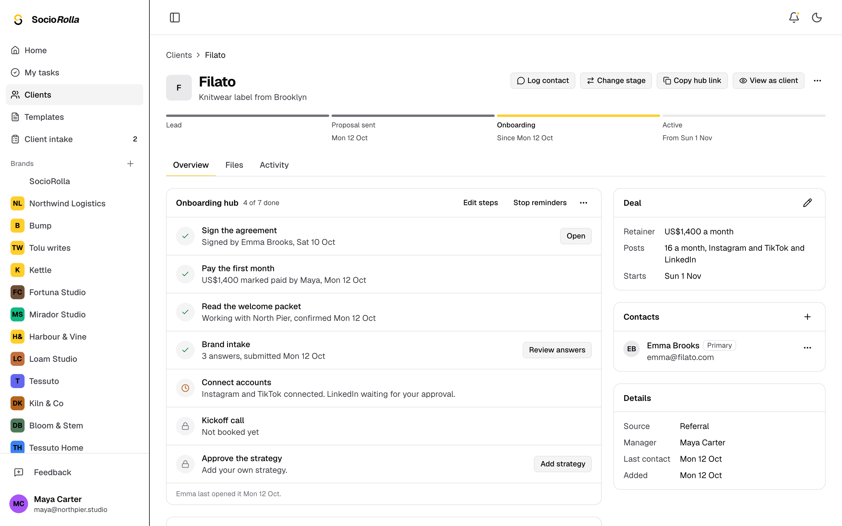 The onboarding hub card on a client, step by step