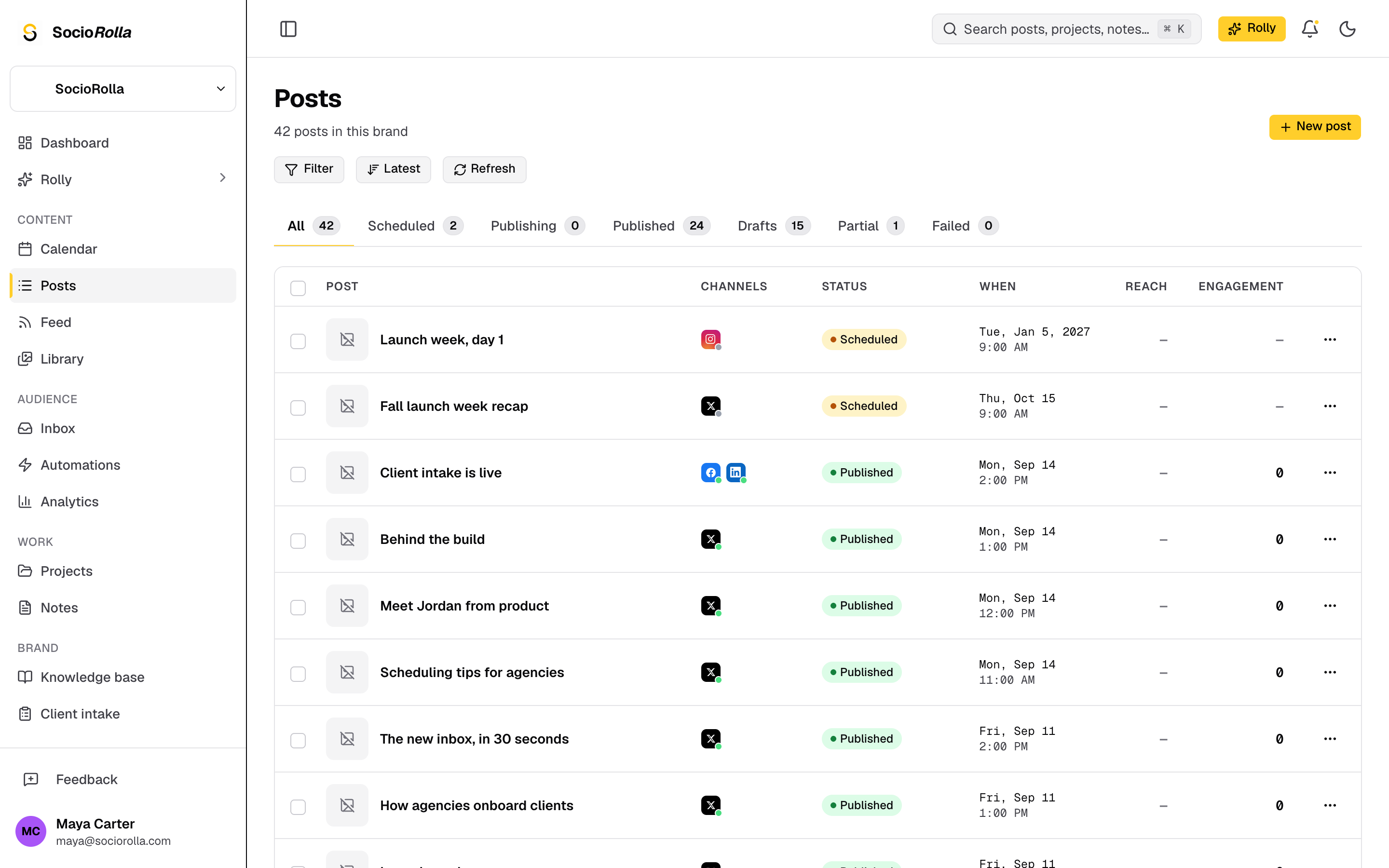 The posts list, showing a partial post and which platform refused it.