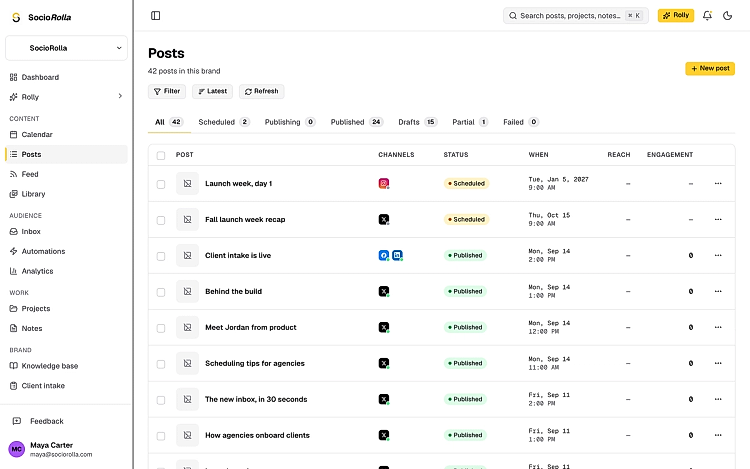 The posts list, showing a partial post and which platform refused it.