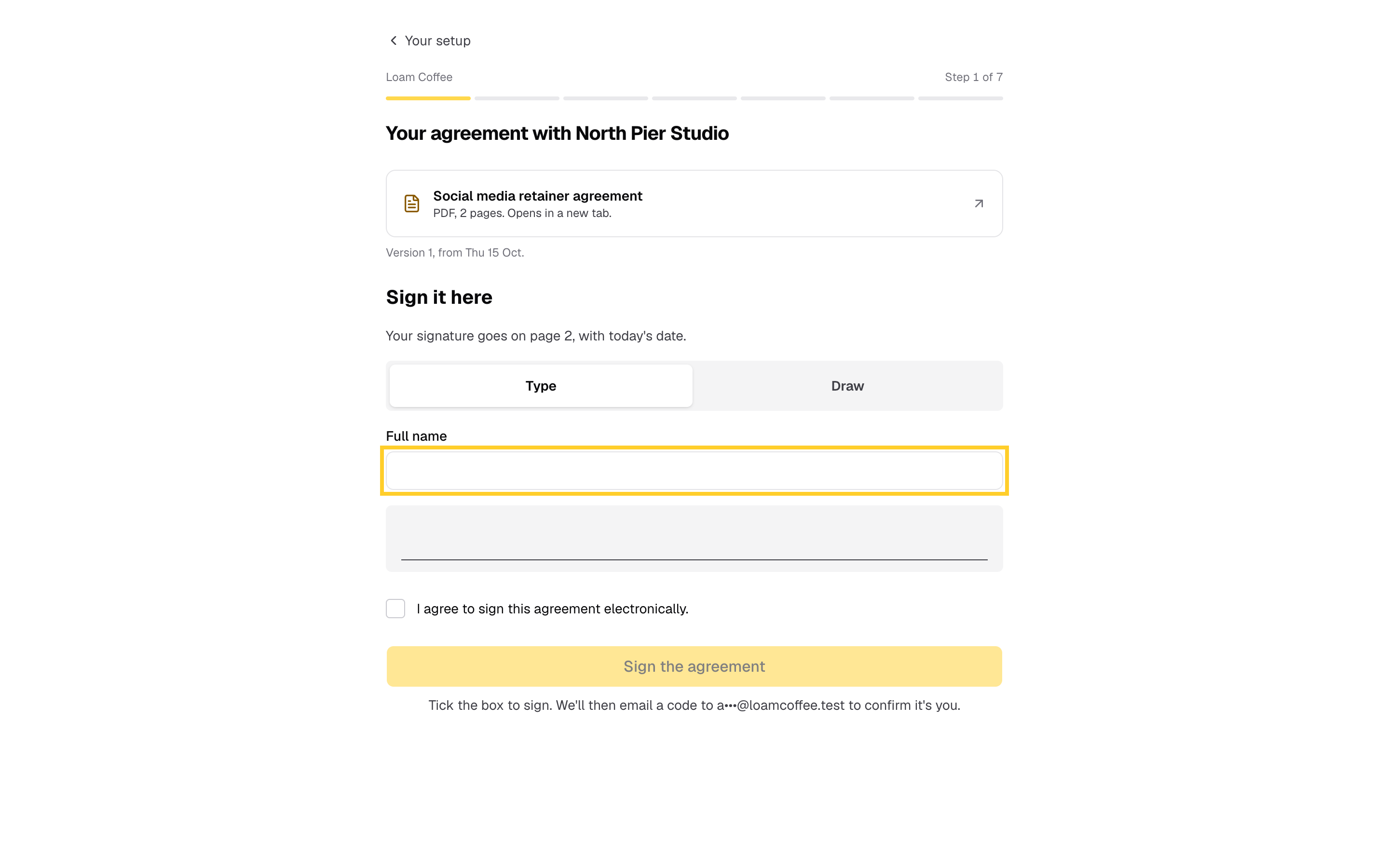 Step 4: They type their name, or draw it, and agree to sign electronically.