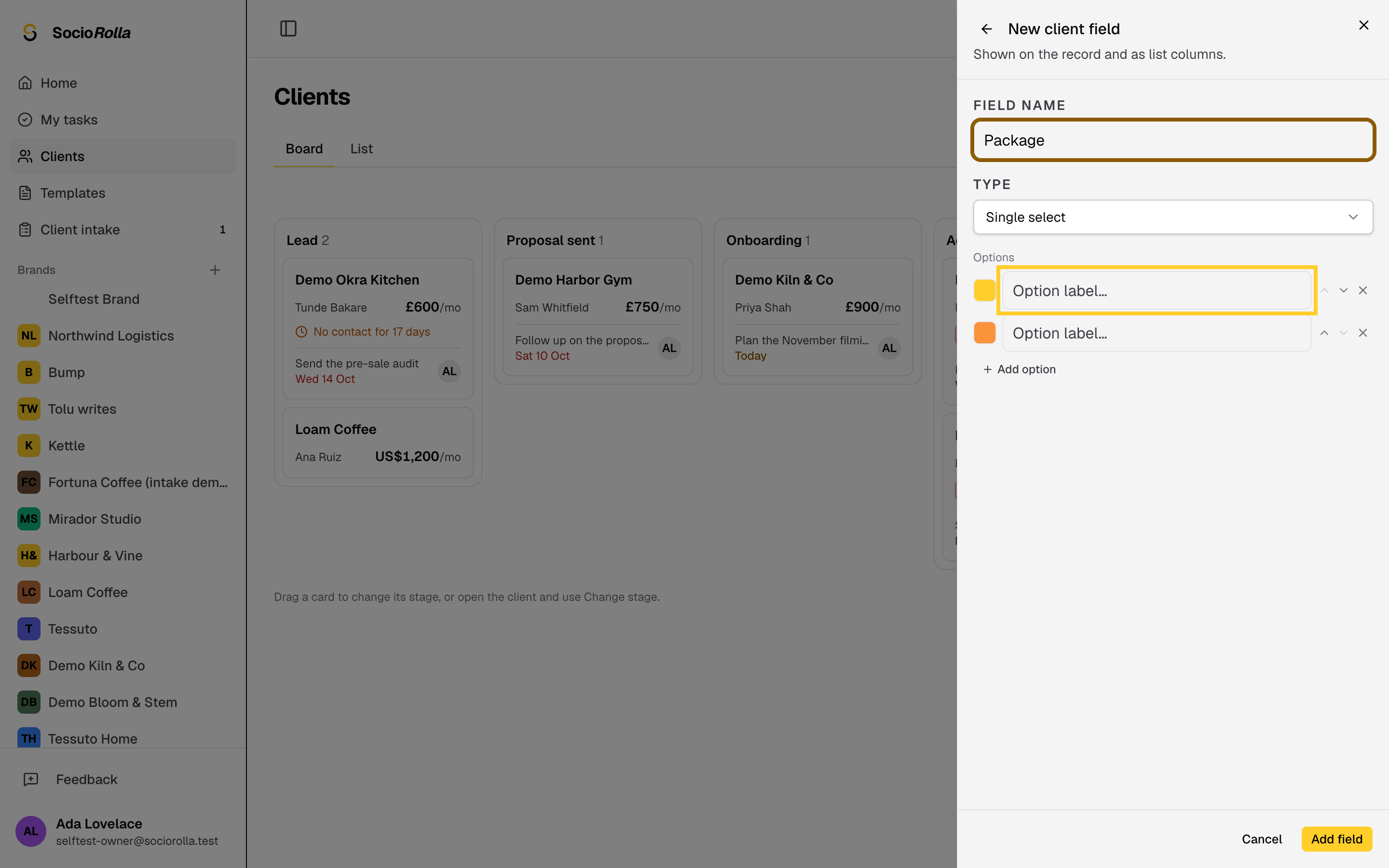 Step 4: A select field needs options, so type each one on its own row.