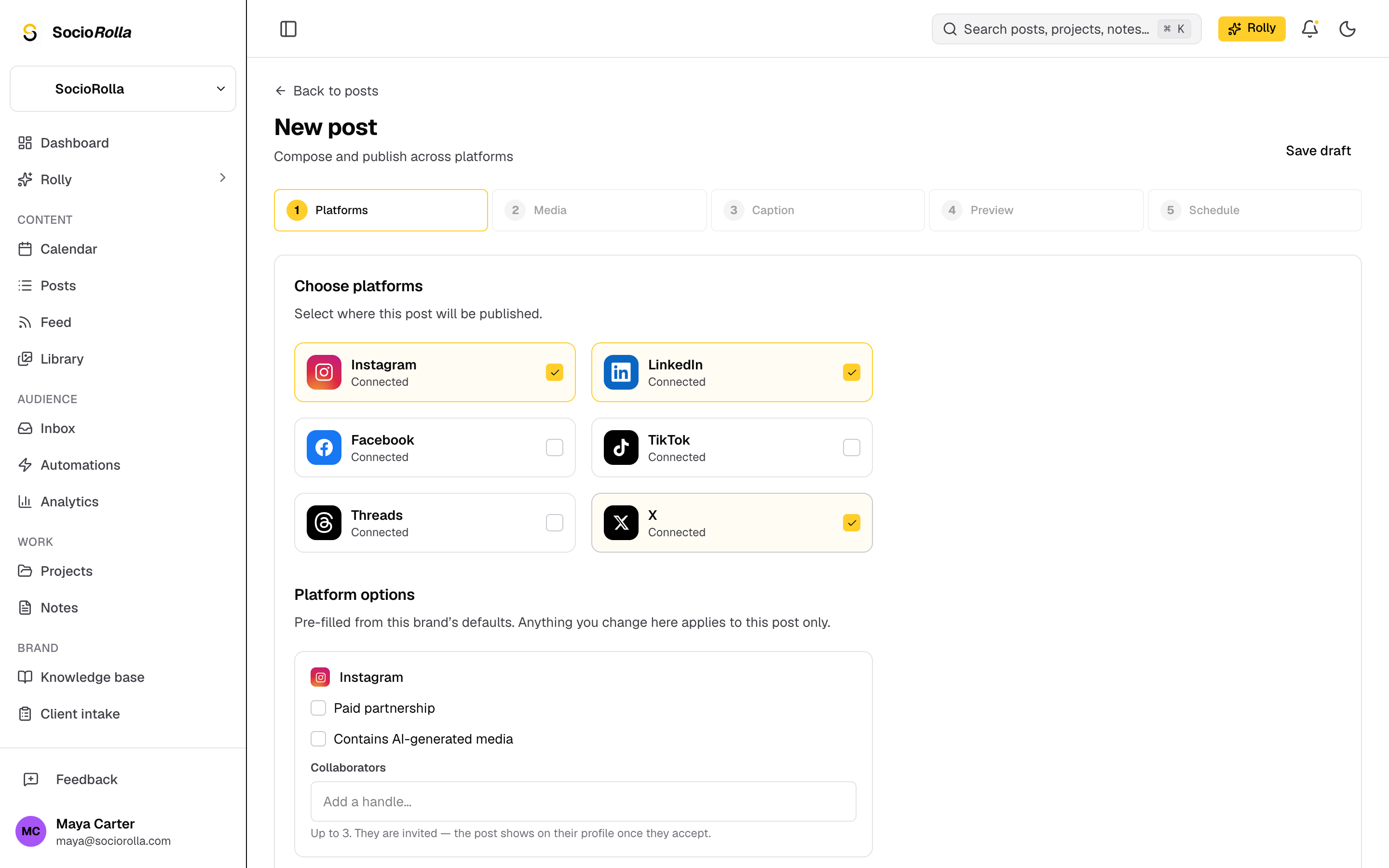 Post composer choosing Instagram, Facebook, LinkedIn, X, TikTok and Threads accounts to publish to