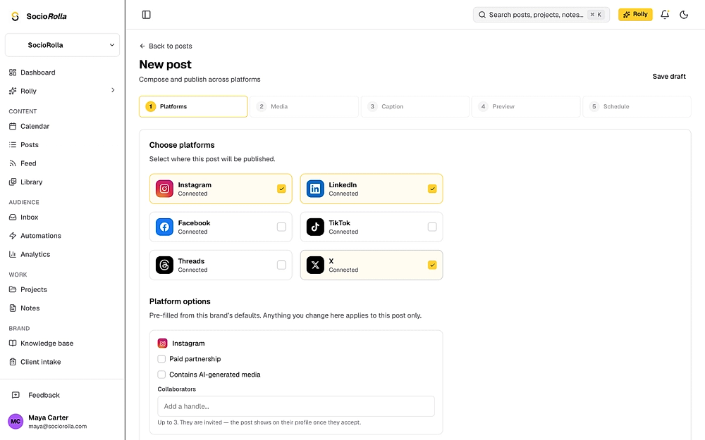 Post composer choosing Instagram, Facebook, LinkedIn, X, TikTok and Threads accounts to publish to