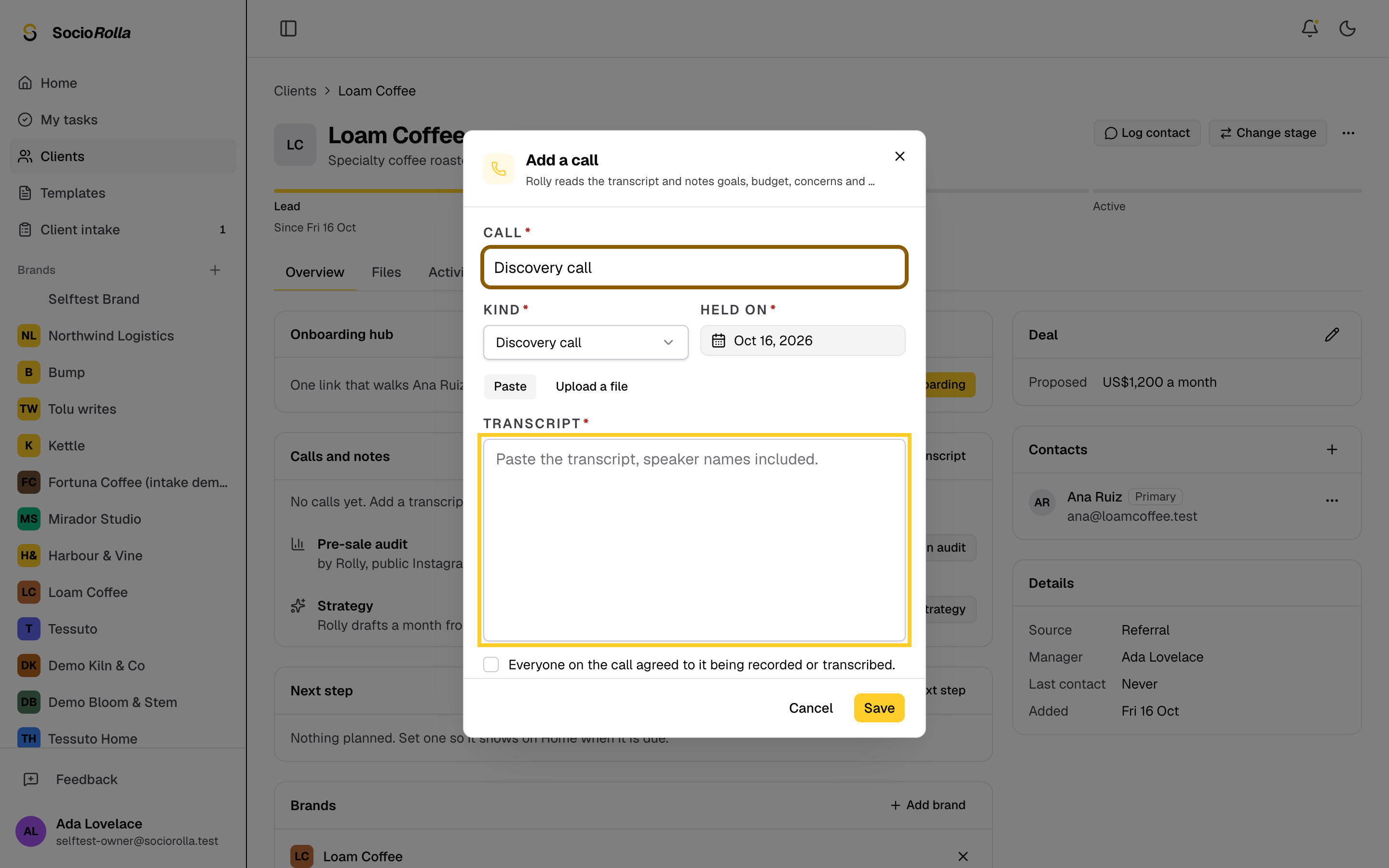 Step 9: Name the call, pick its kind and paste the transcript with speaker names.