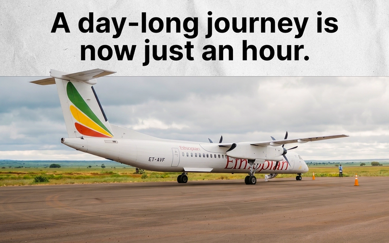 Ethiopian Airlines aircraft at Negelle Borena Geda Airport, highlighting new air connectivity between Addis Ababa and Ethiopia's remote Borena region.